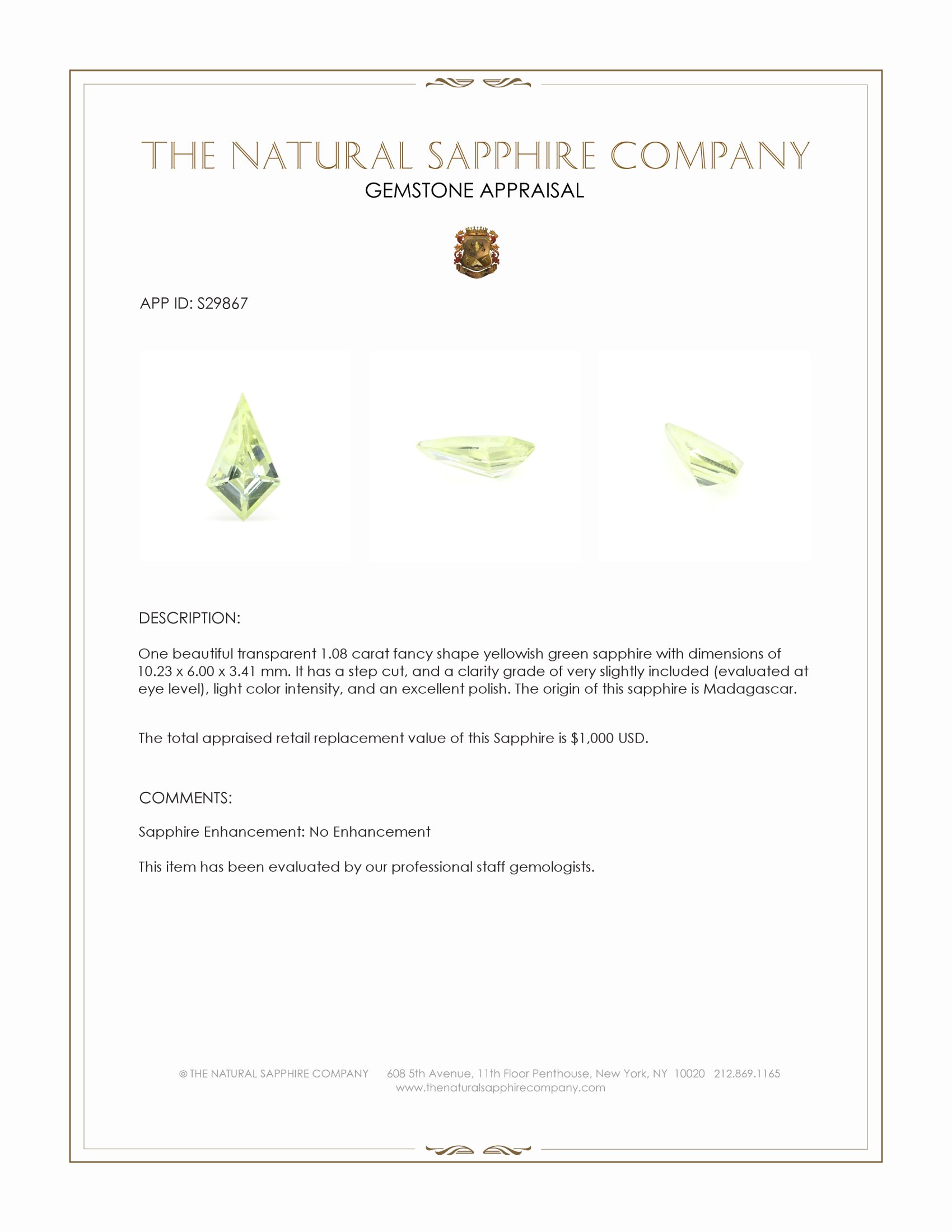 1.08 Ct. Yellowish Green Sapphire from Madagascar