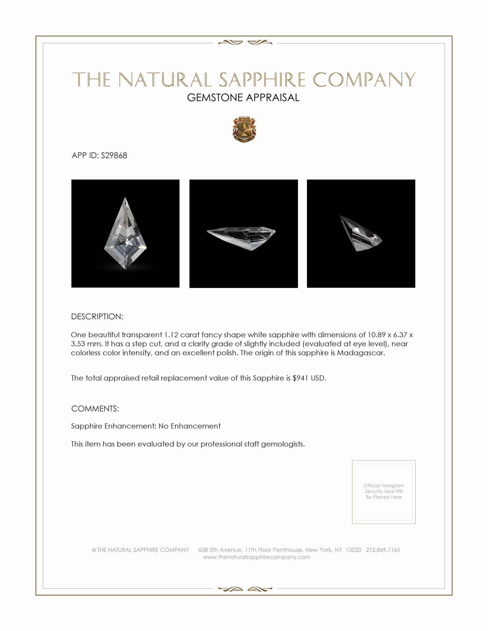 1.12 Ct. White Sapphire from Madagascar
