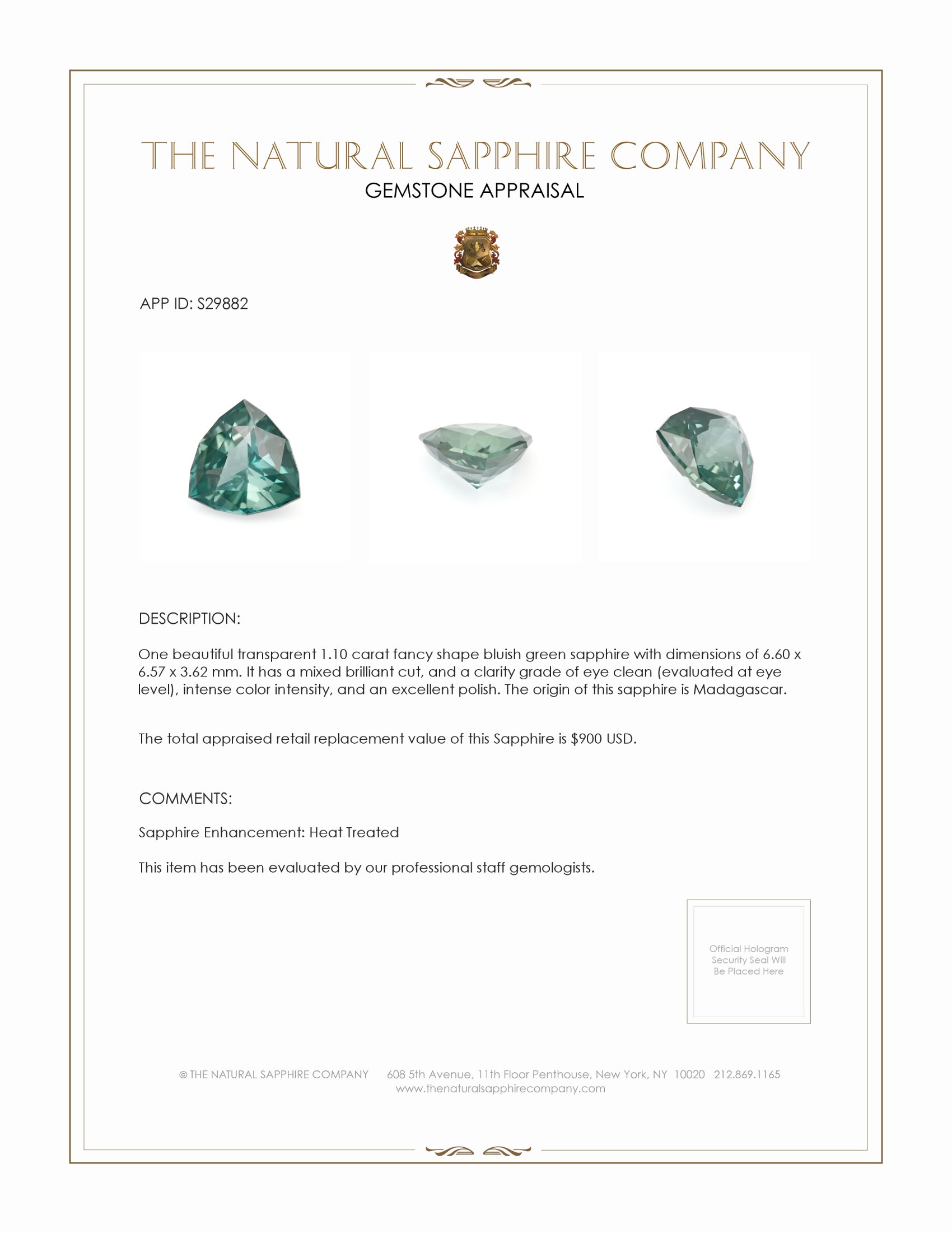 1.10 Ct. Bluish Green Sapphire from Madagascar