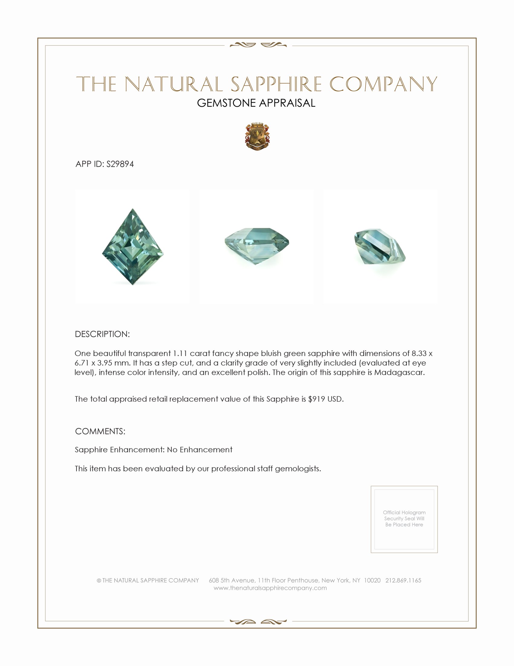 1.11 Ct. Bluish Green Sapphire from Madagascar