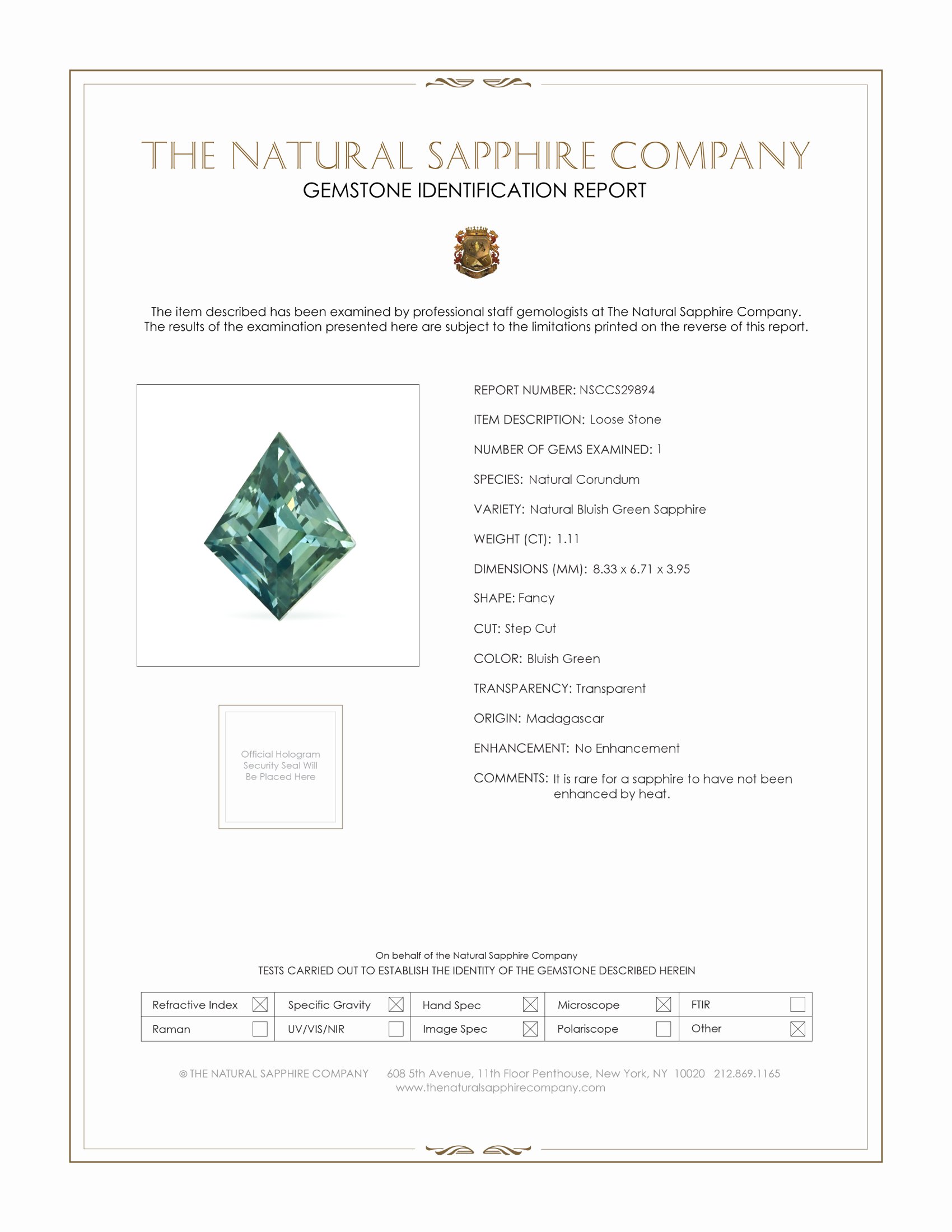 1.11 Ct. Bluish Green Sapphire from Madagascar