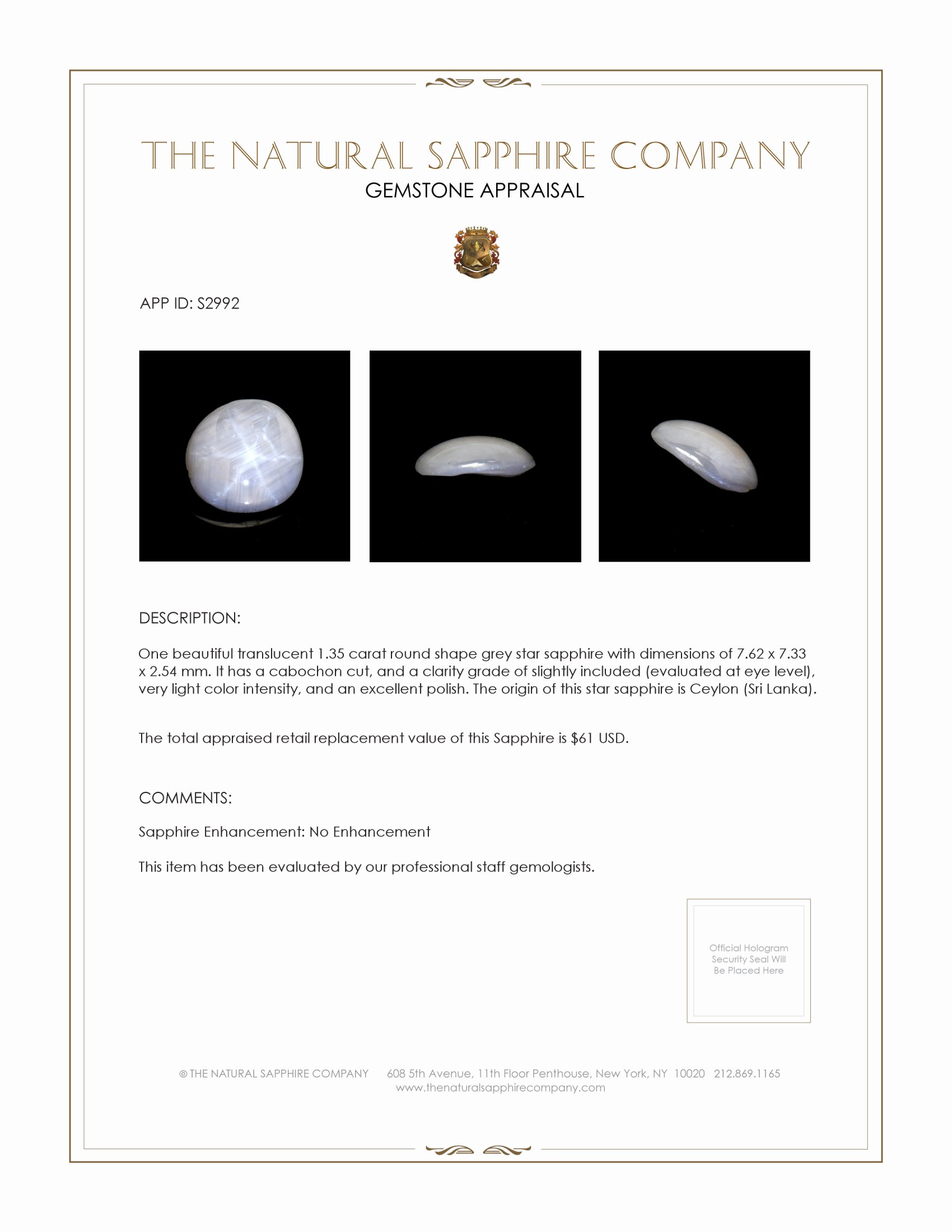 1.35 Ct. Grey Star Sapphire from Ceylon (Sri Lanka)