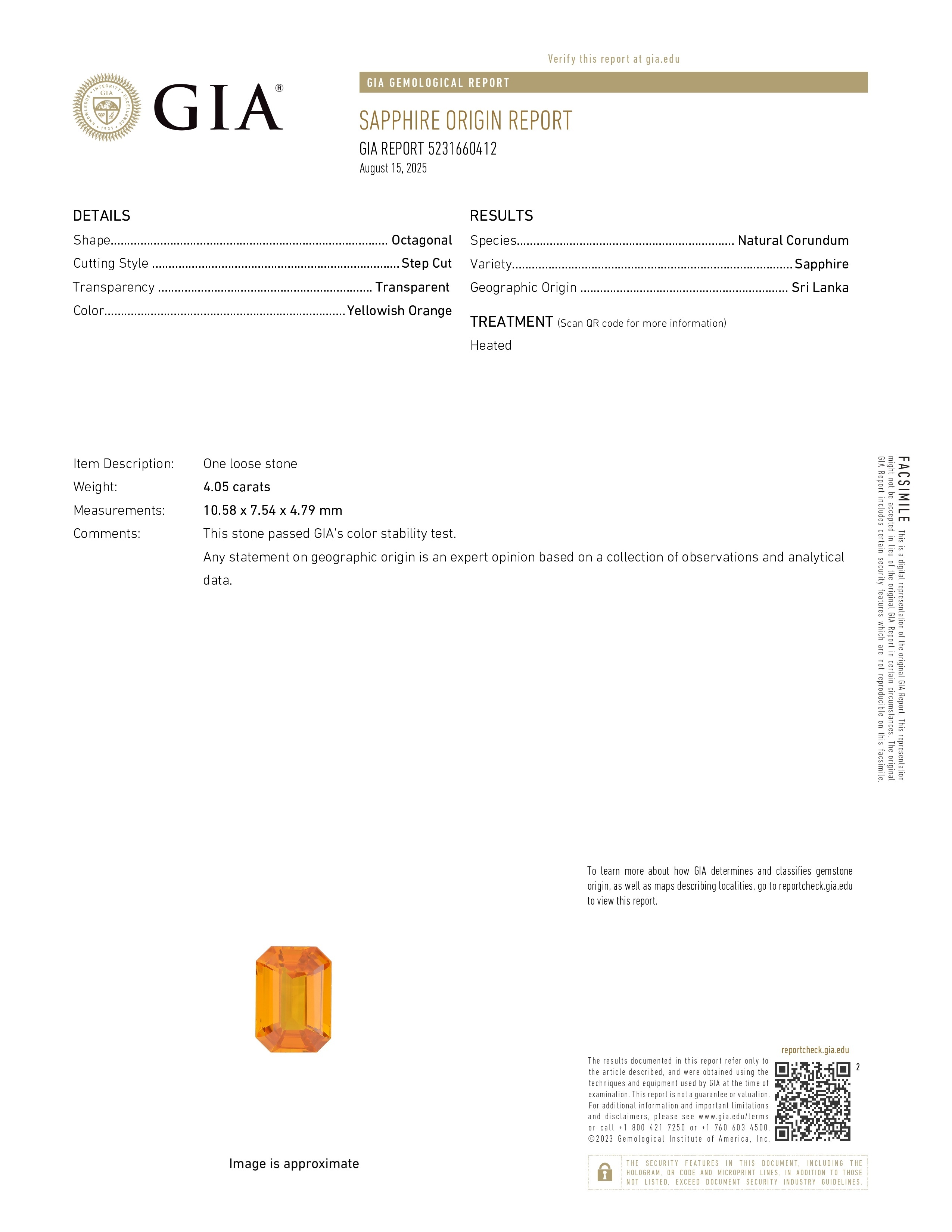 4.05 Ct. Orange Sapphire from Ceylon (Sri Lanka)