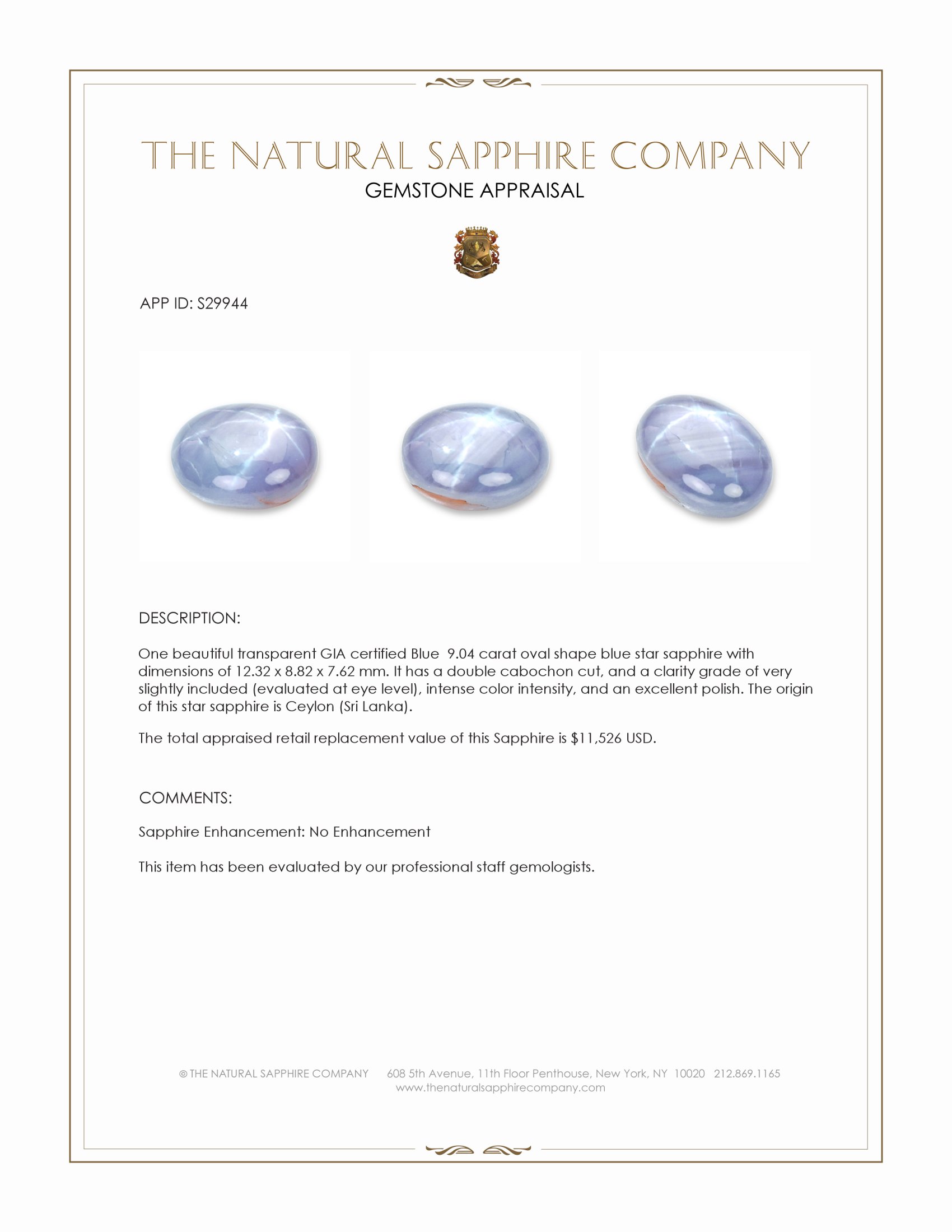 9.04 Ct. Blue Star Sapphire from Ceylon (Sri Lanka)