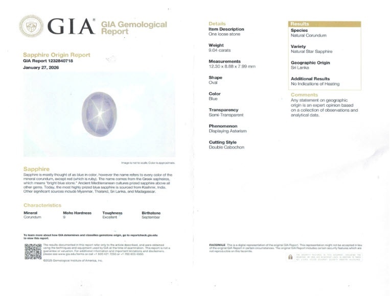 9.04 Ct. Blue Star Sapphire from Ceylon (Sri Lanka)