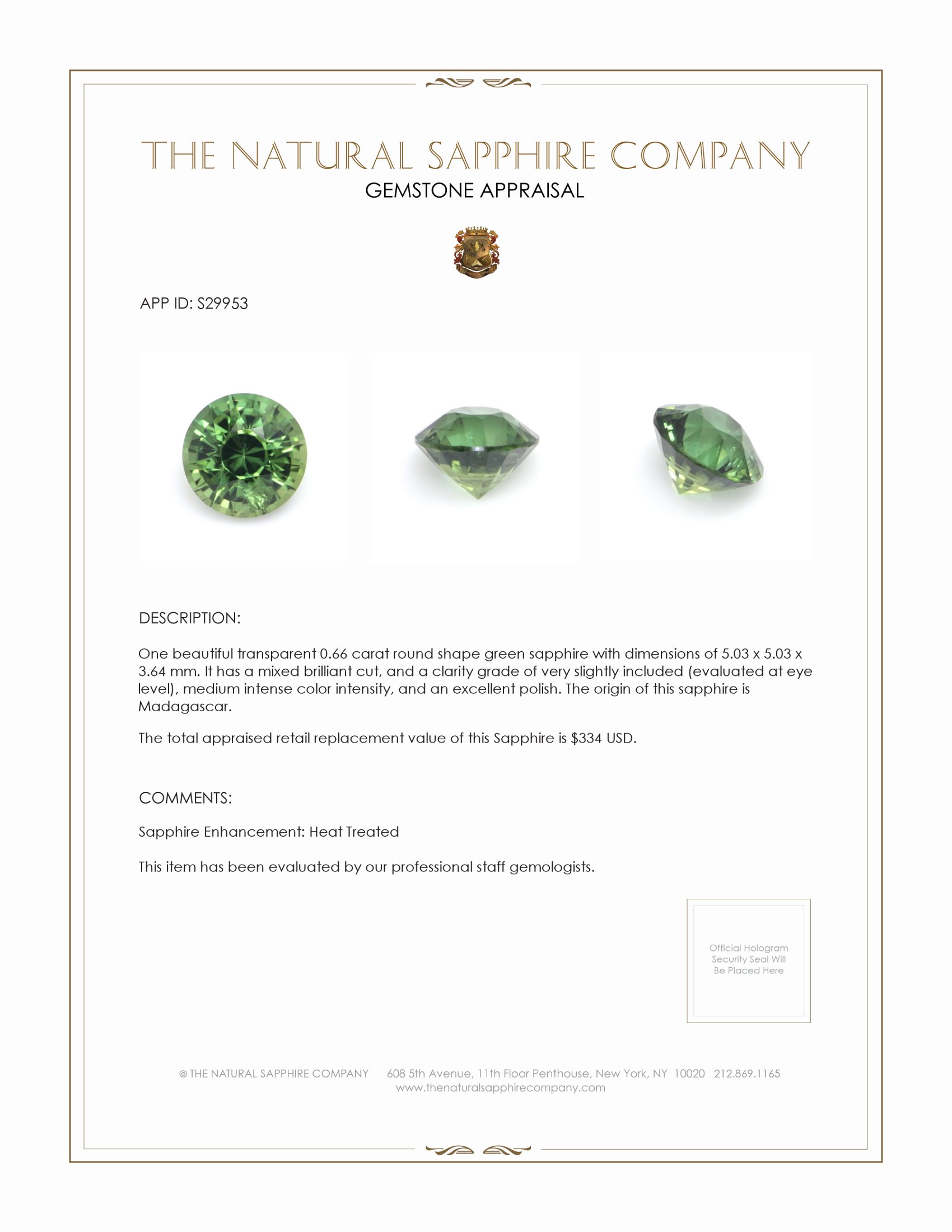 0.66 Ct. Green Sapphire from Madagascar