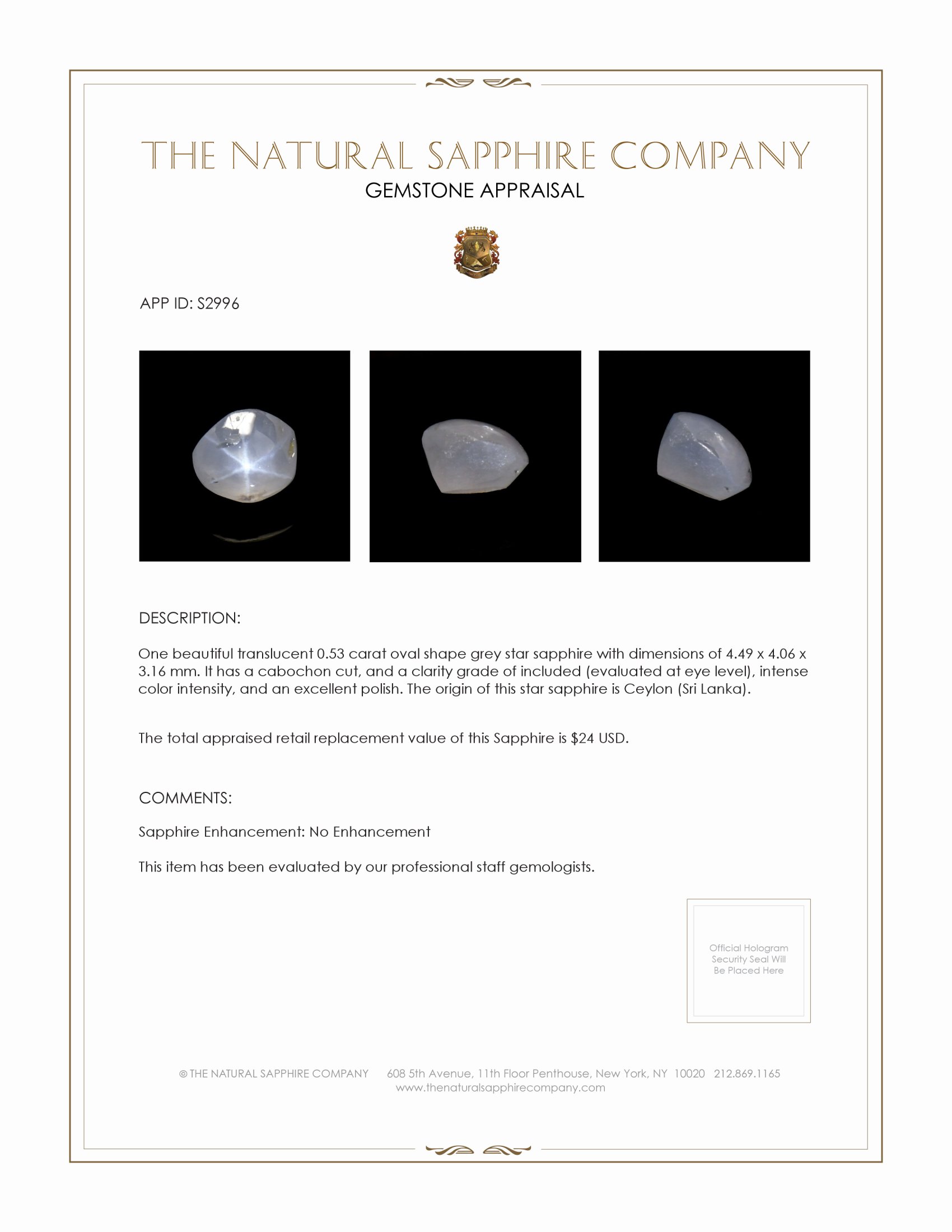 0.53 Ct. Grey Star Sapphire from Ceylon (Sri Lanka)