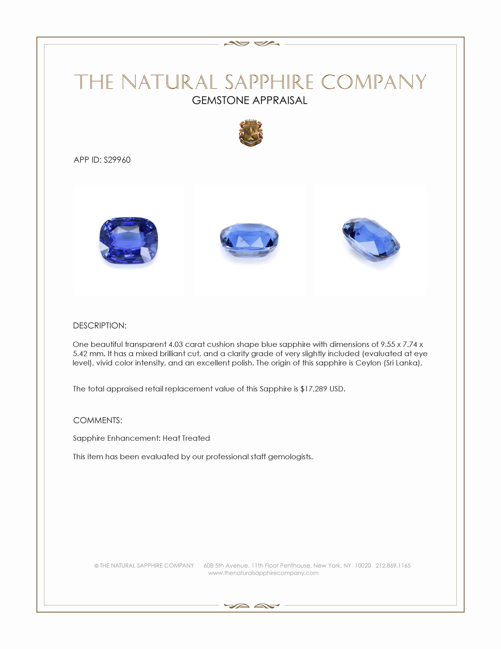 4.03 Ct. Blue Sapphire from Ceylon (Sri Lanka)