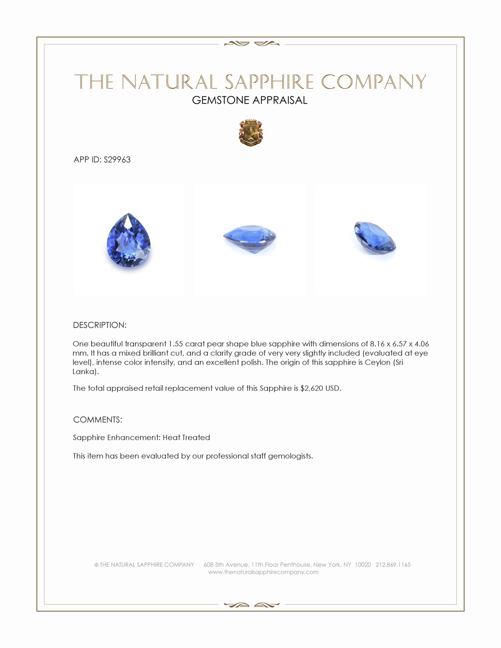 1.55 Ct. Blue Sapphire from Ceylon (Sri Lanka)