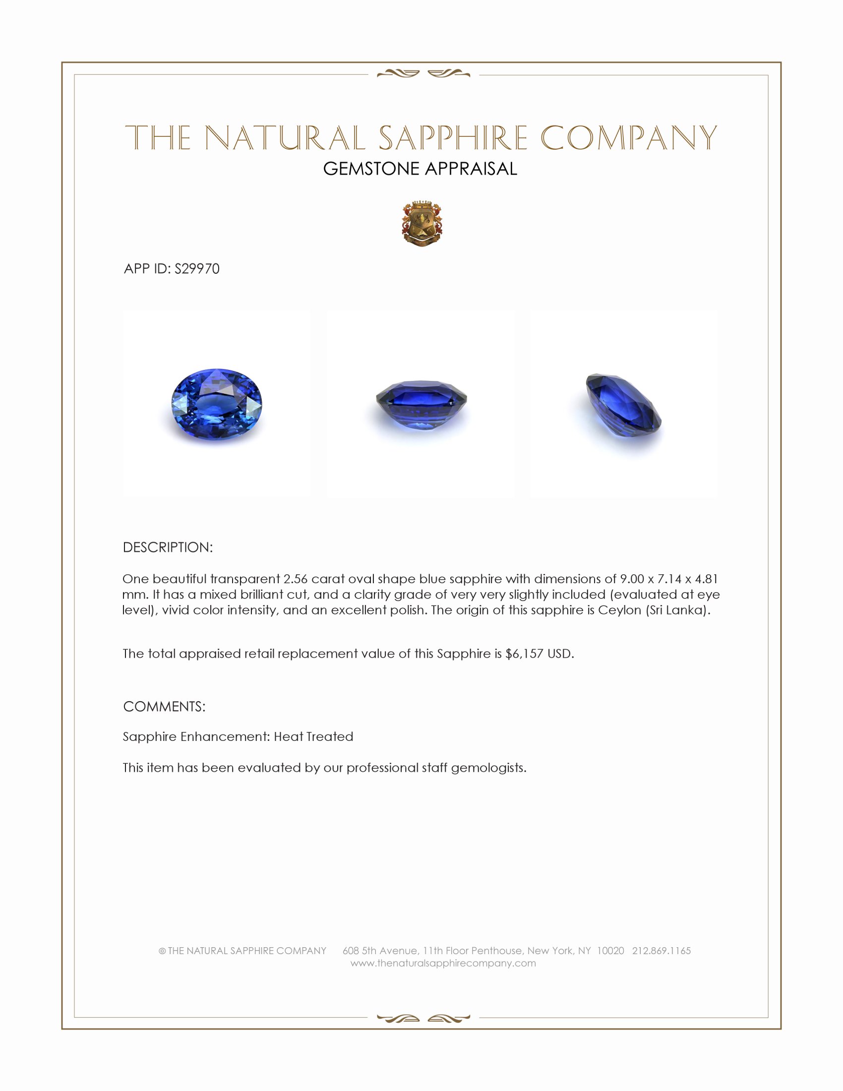 2.56 Ct. Blue Sapphire from Ceylon (Sri Lanka)