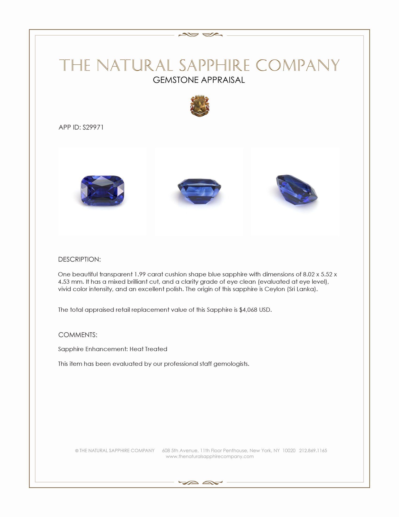 1.99 Ct. Blue Sapphire from Ceylon (Sri Lanka)