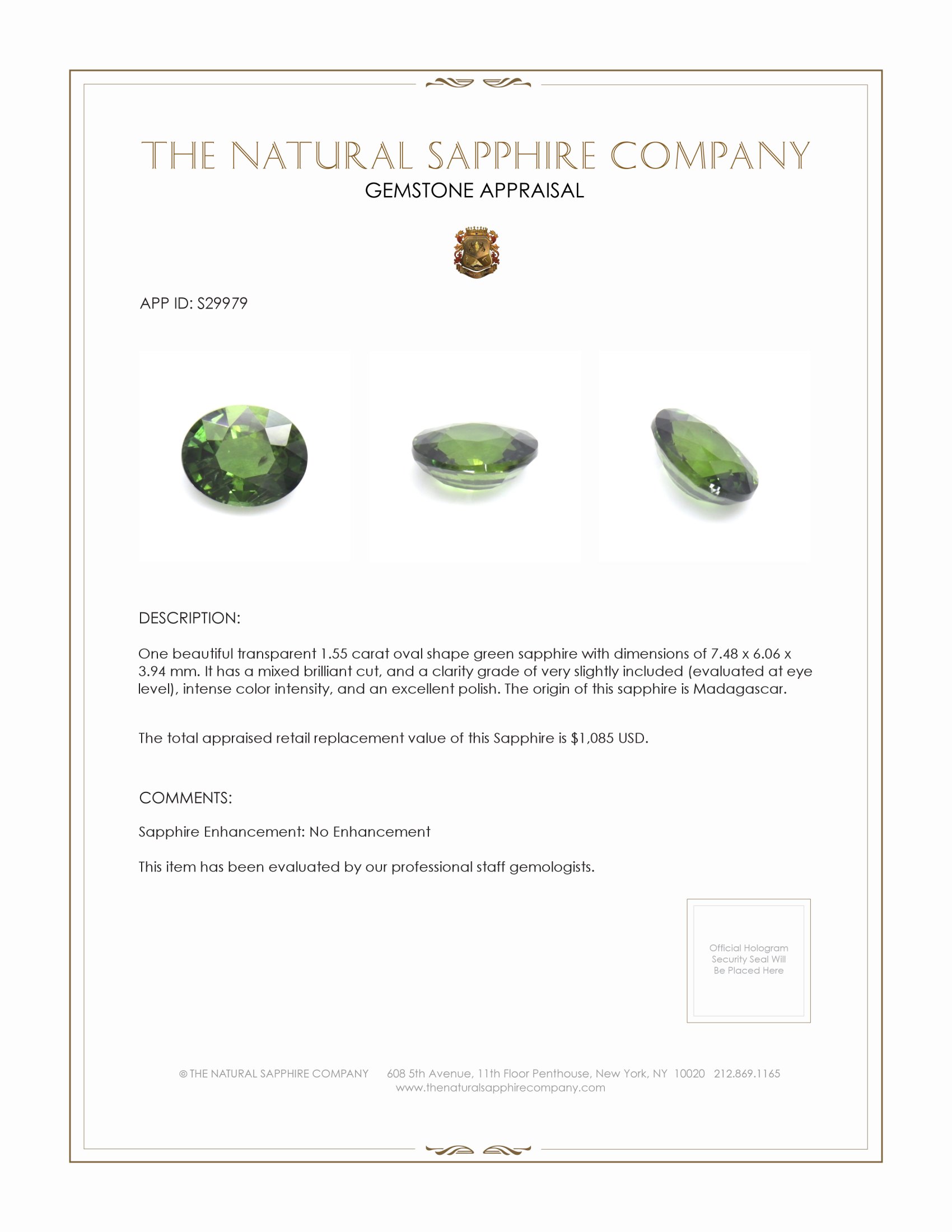 1.55 Ct. Green Sapphire from Madagascar