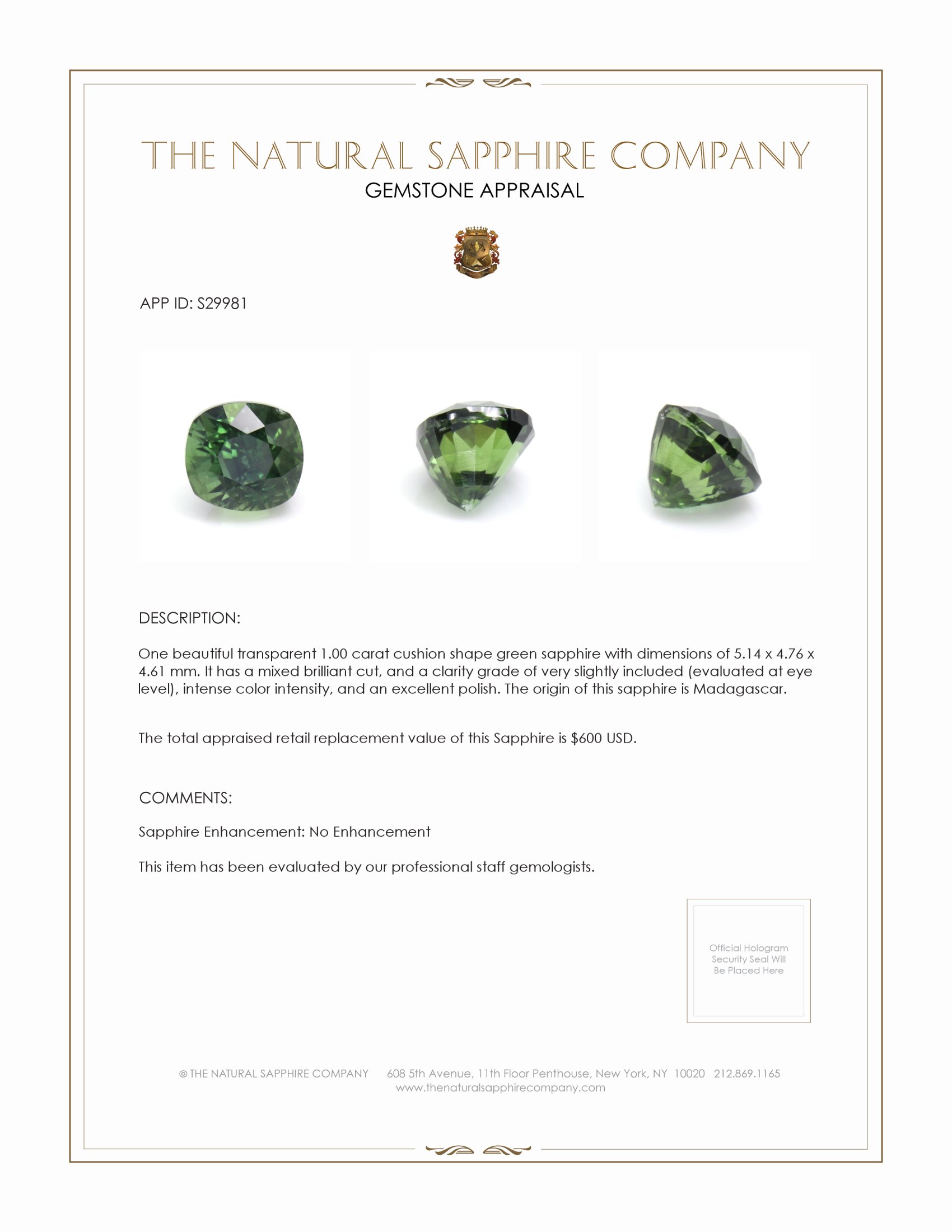 1.00 Ct. Green Sapphire from Madagascar