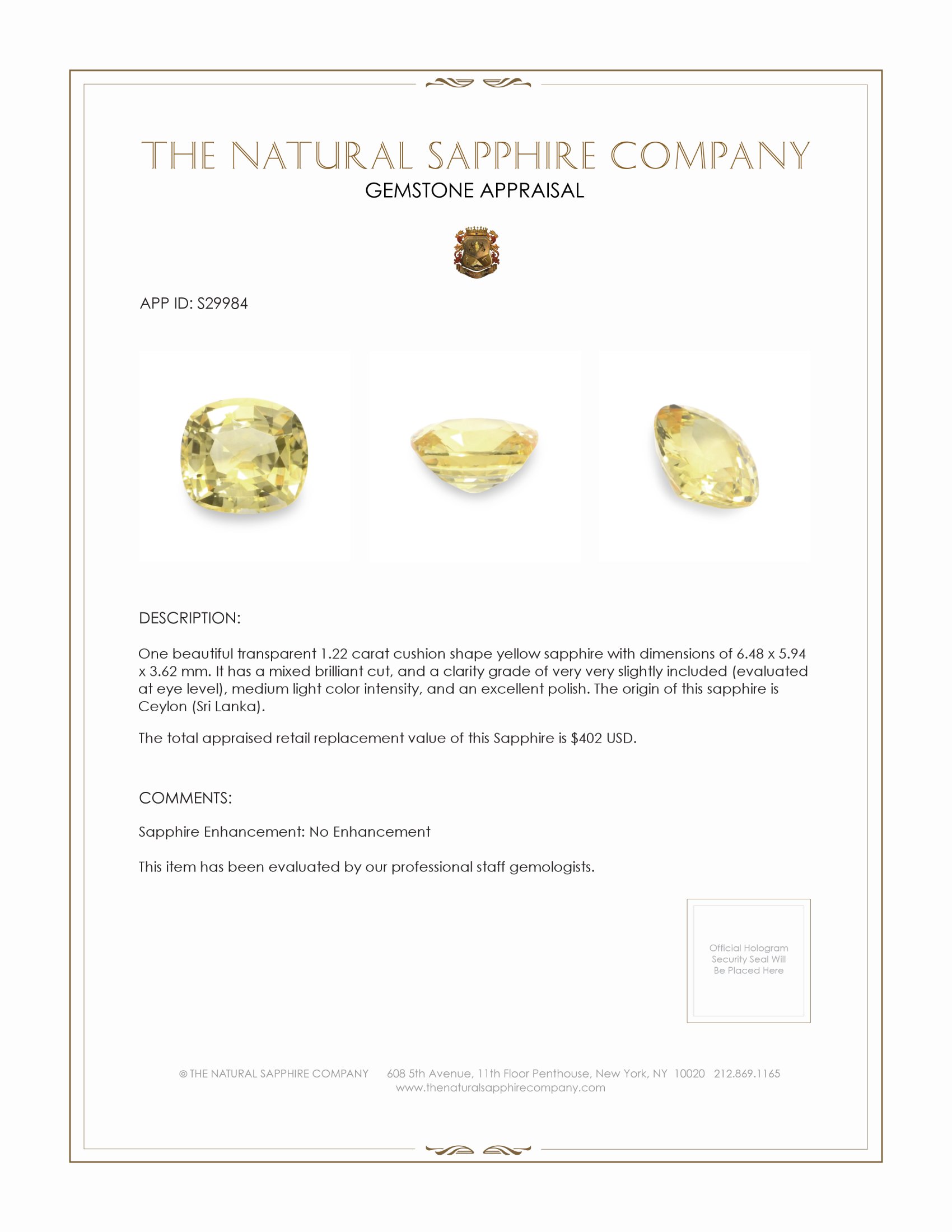 1.22 Ct. Yellow Sapphire from Ceylon (Sri Lanka)