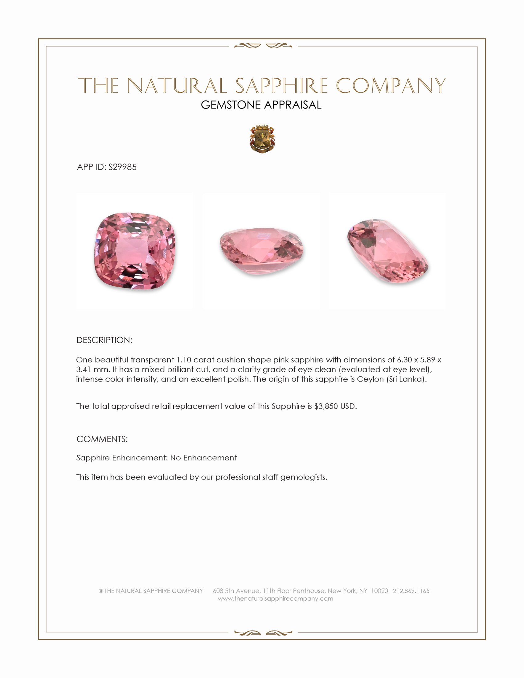 1.10 Ct. Pink Sapphire from Ceylon (Sri Lanka)