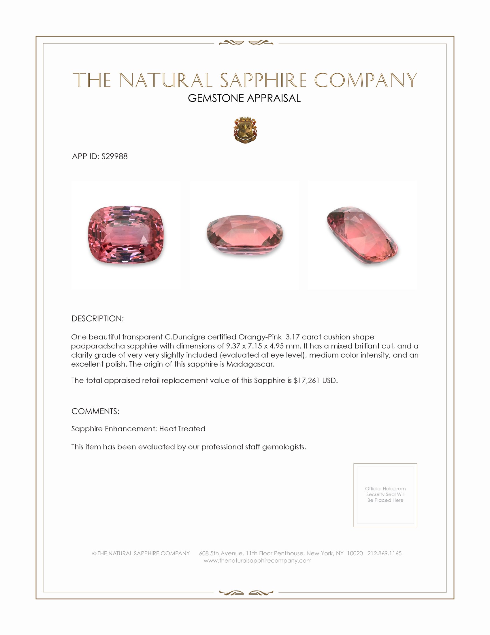 3.17 Ct. Padparadscha Sapphire from Madagascar