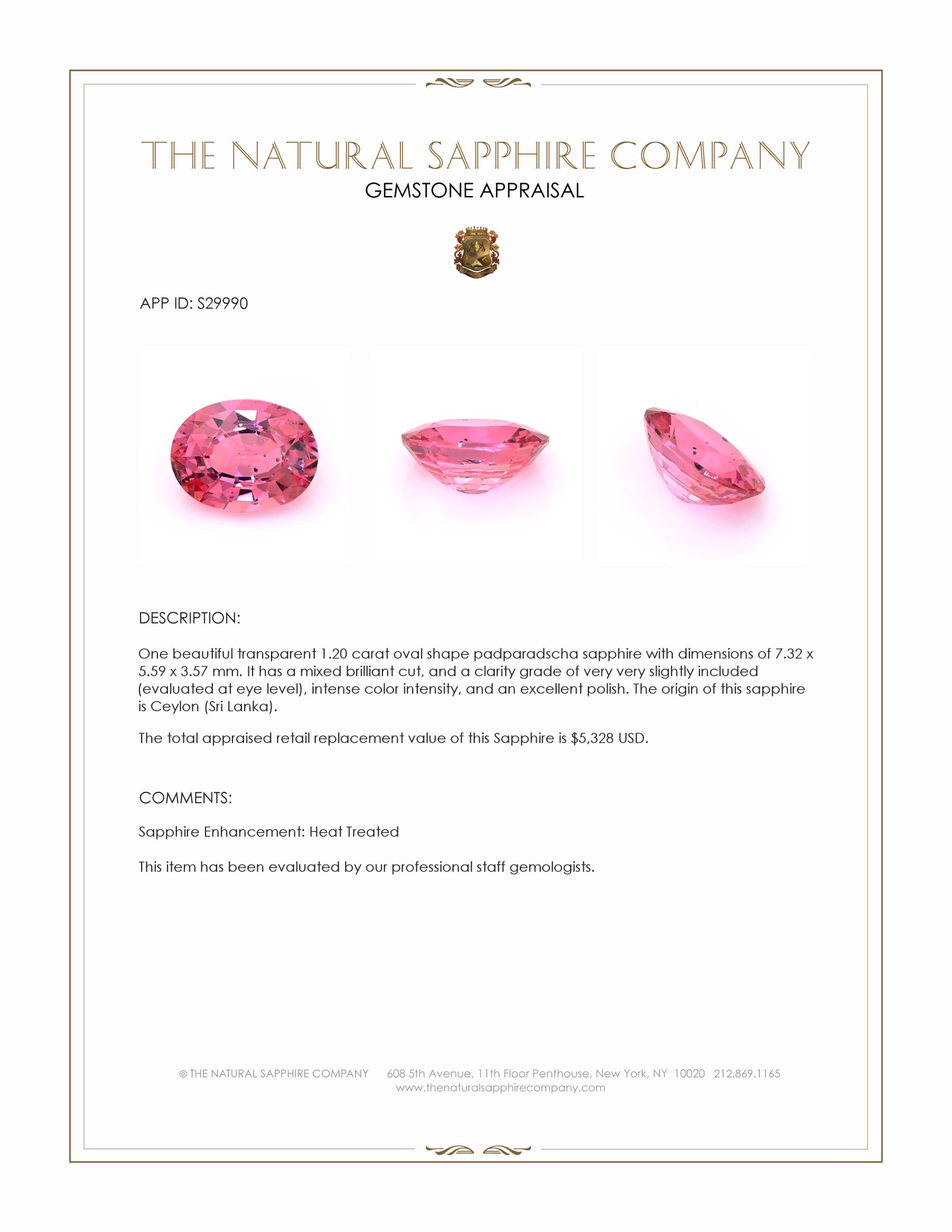 1.20 Ct. Padparadscha Sapphire from Ceylon (Sri Lanka)