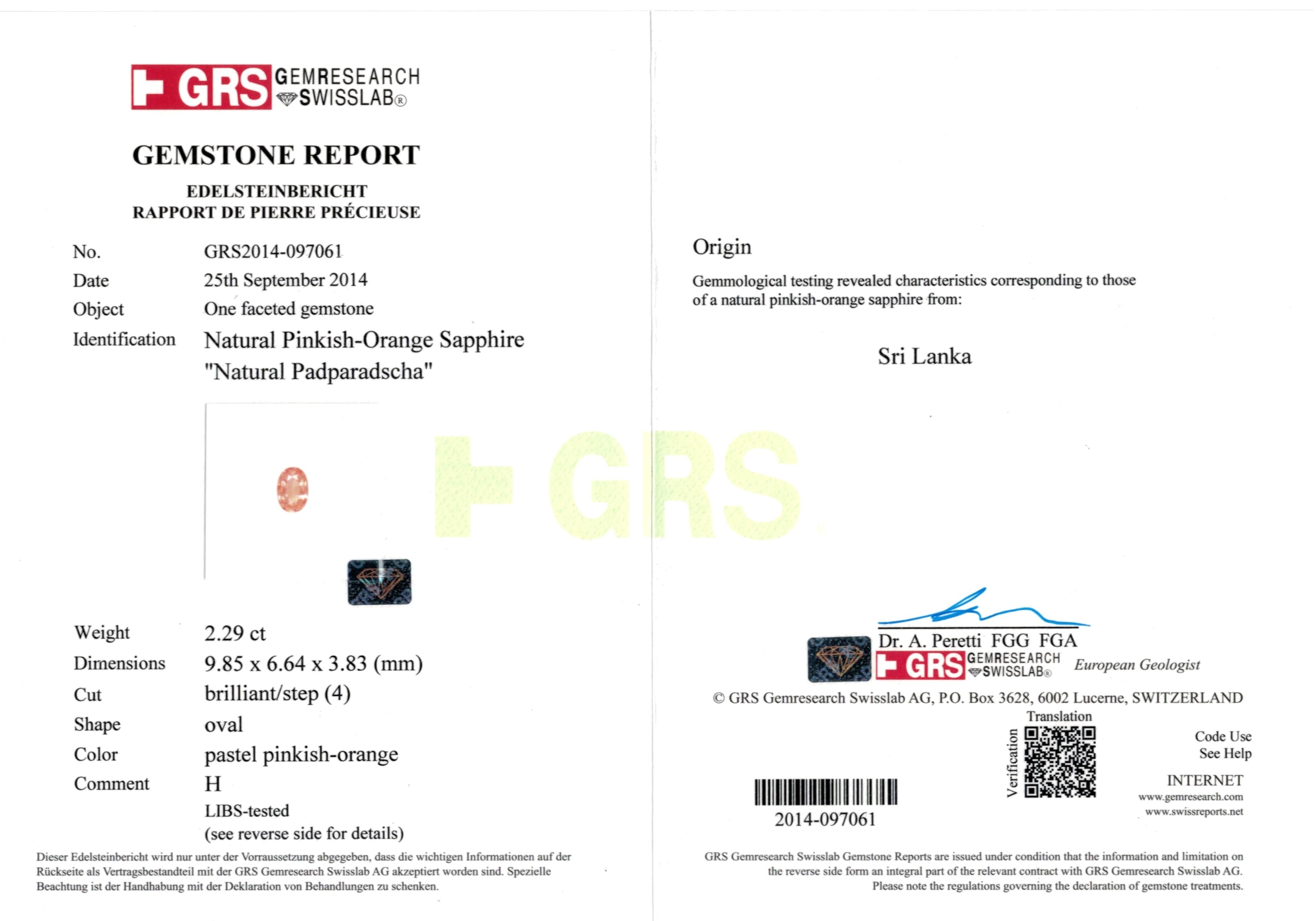 2.29 Ct. Padparadscha Sapphire from Ceylon (Sri Lanka)