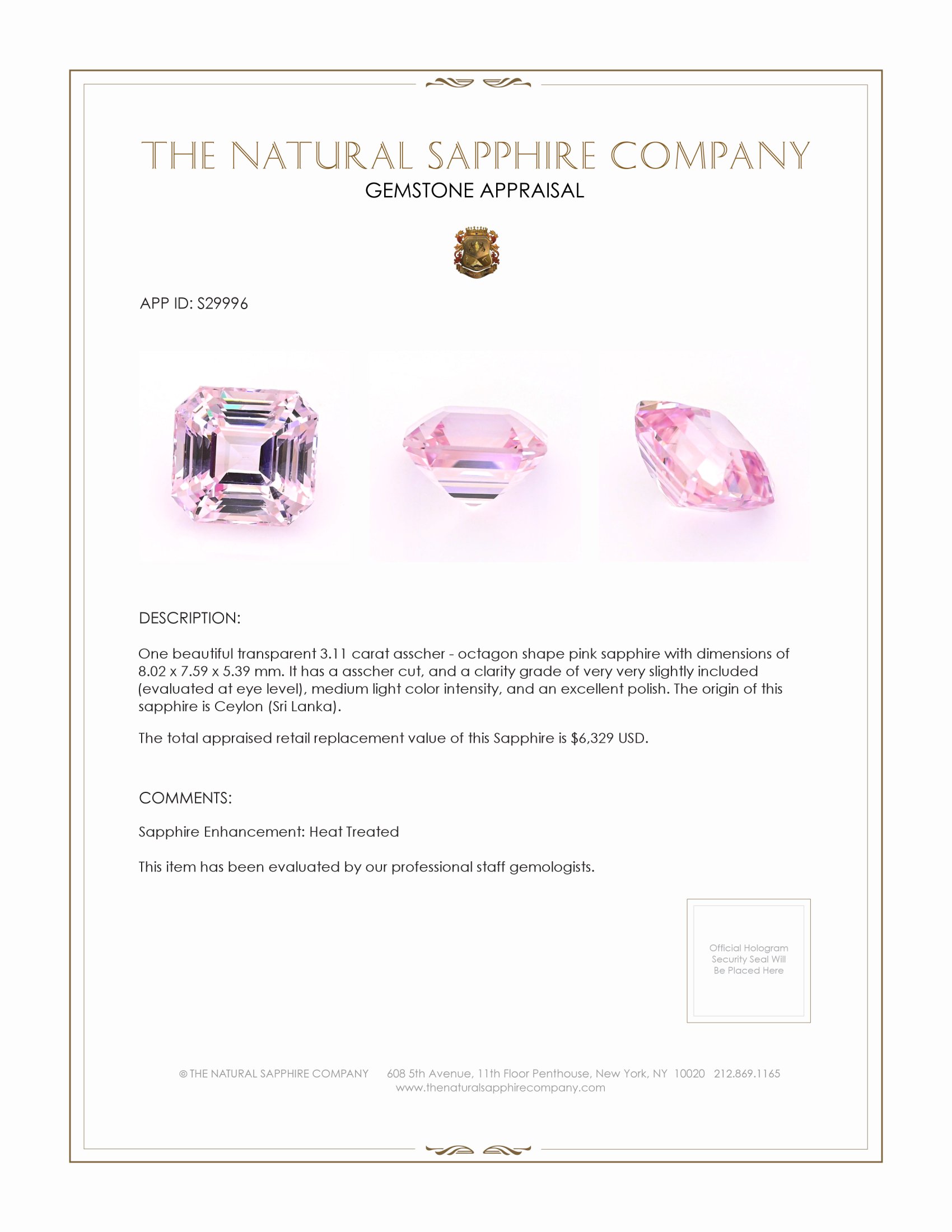 3.11 Ct. Pink Sapphire from Ceylon (Sri Lanka)