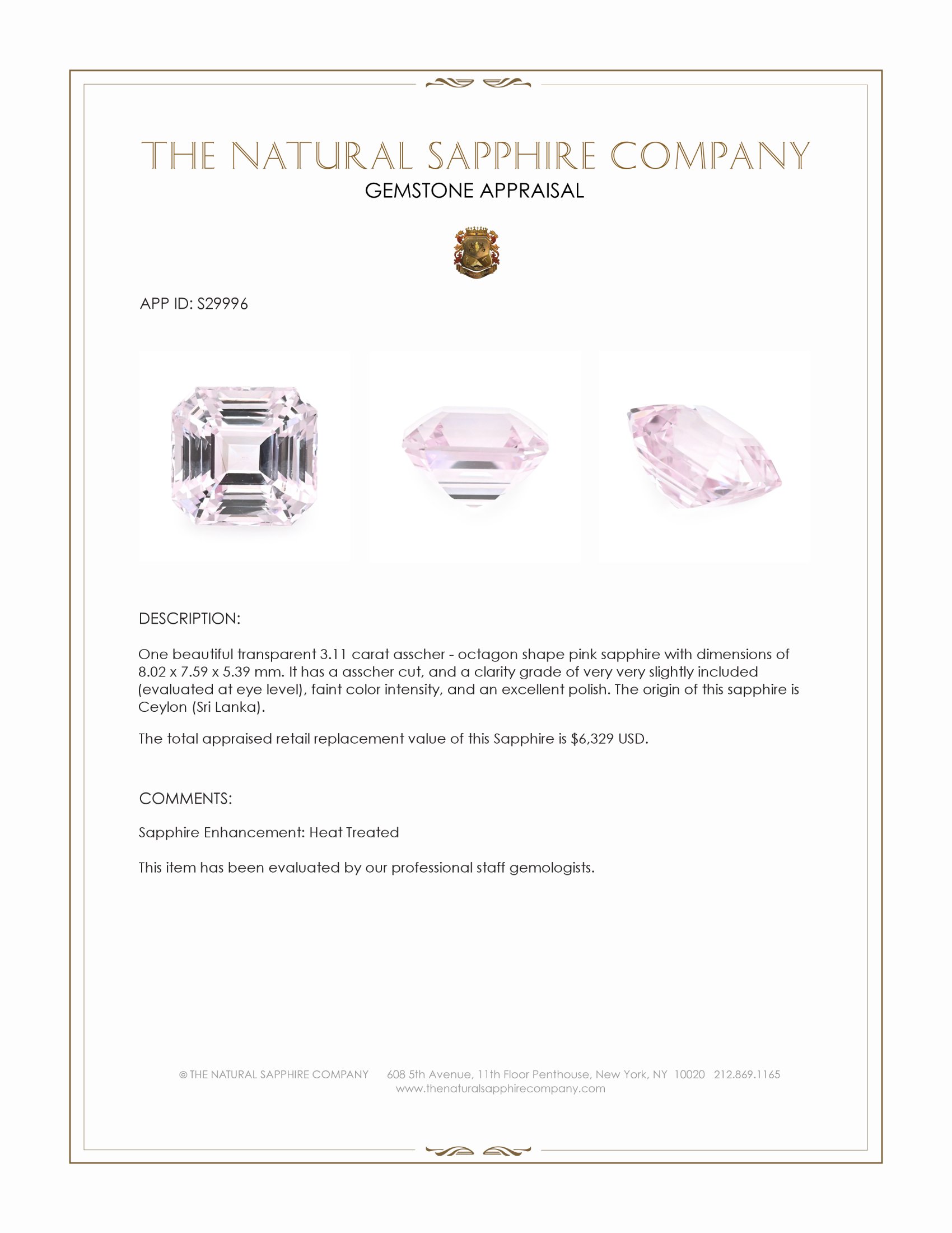 3.11 Ct. Pink Sapphire from Ceylon (Sri Lanka)