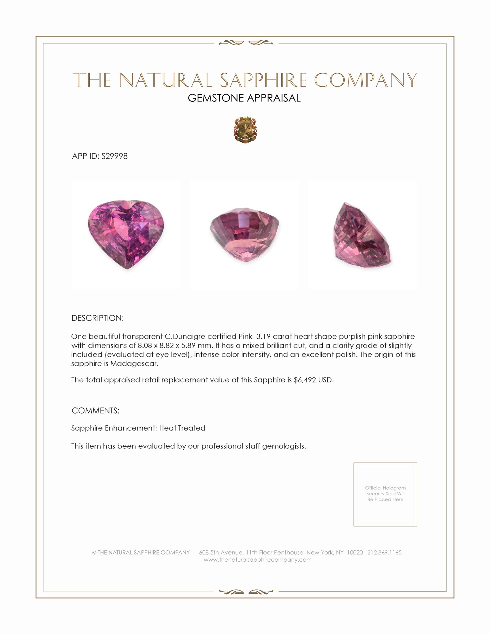 3.19 Ct. Purplish Pink Sapphire from Madagascar