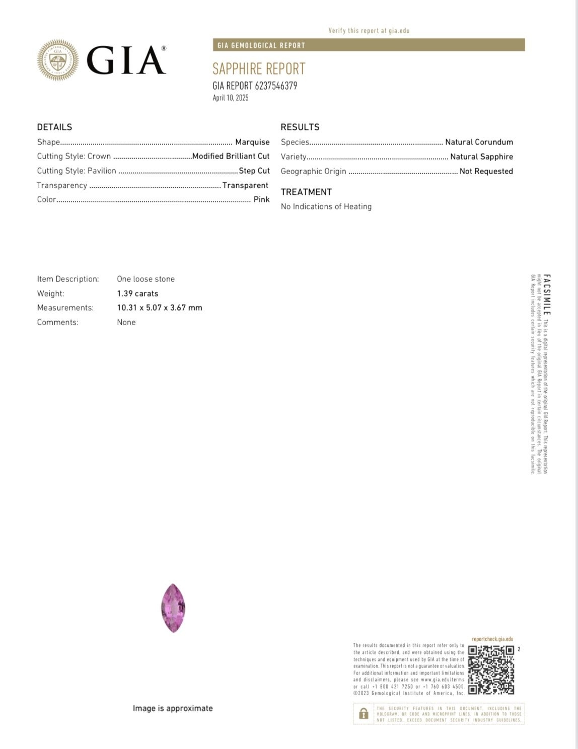 1.39 Ct. Pink Sapphire from Ceylon (Sri Lanka)