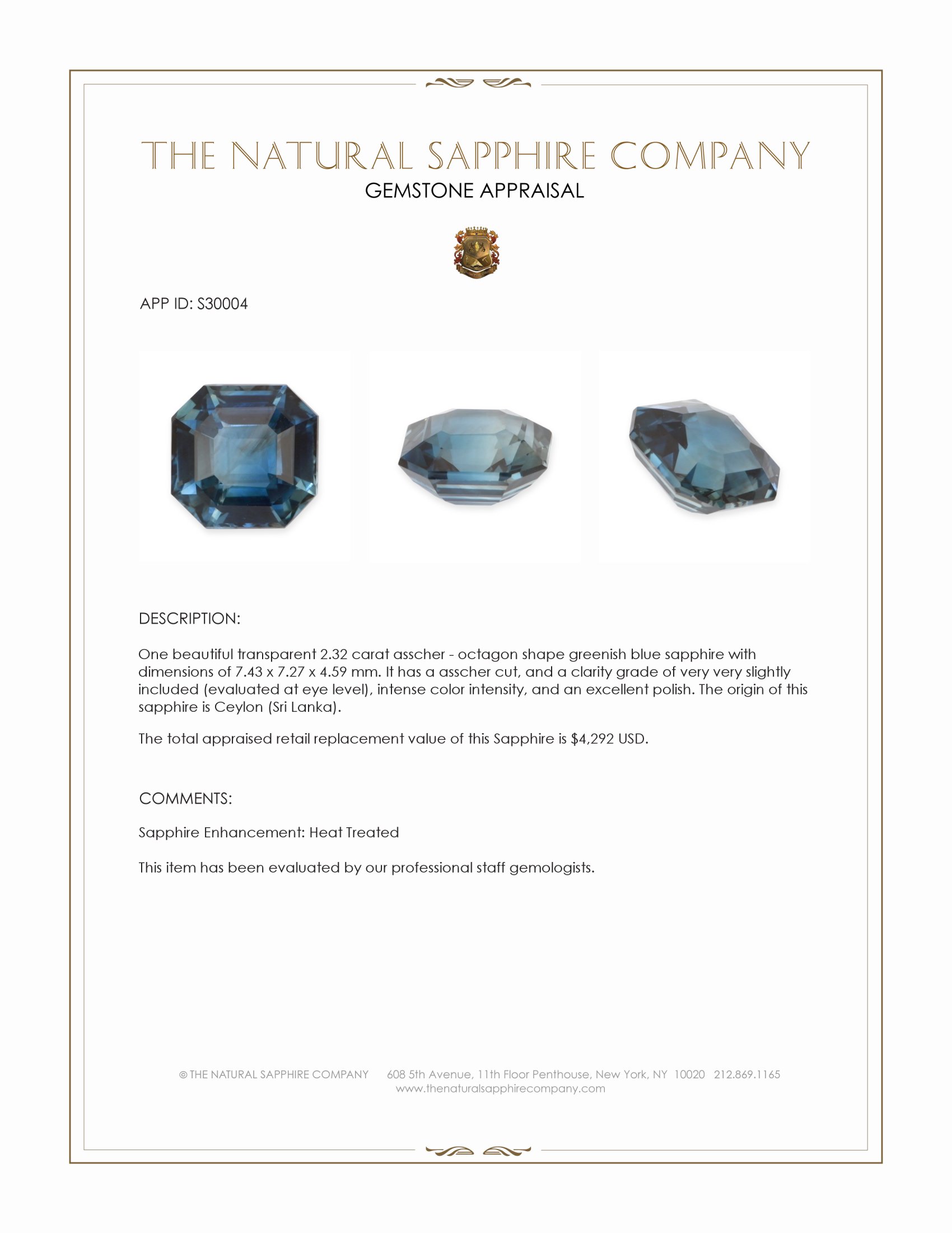 2.32 Ct. Greenish Blue Sapphire from Ceylon (Sri Lanka)