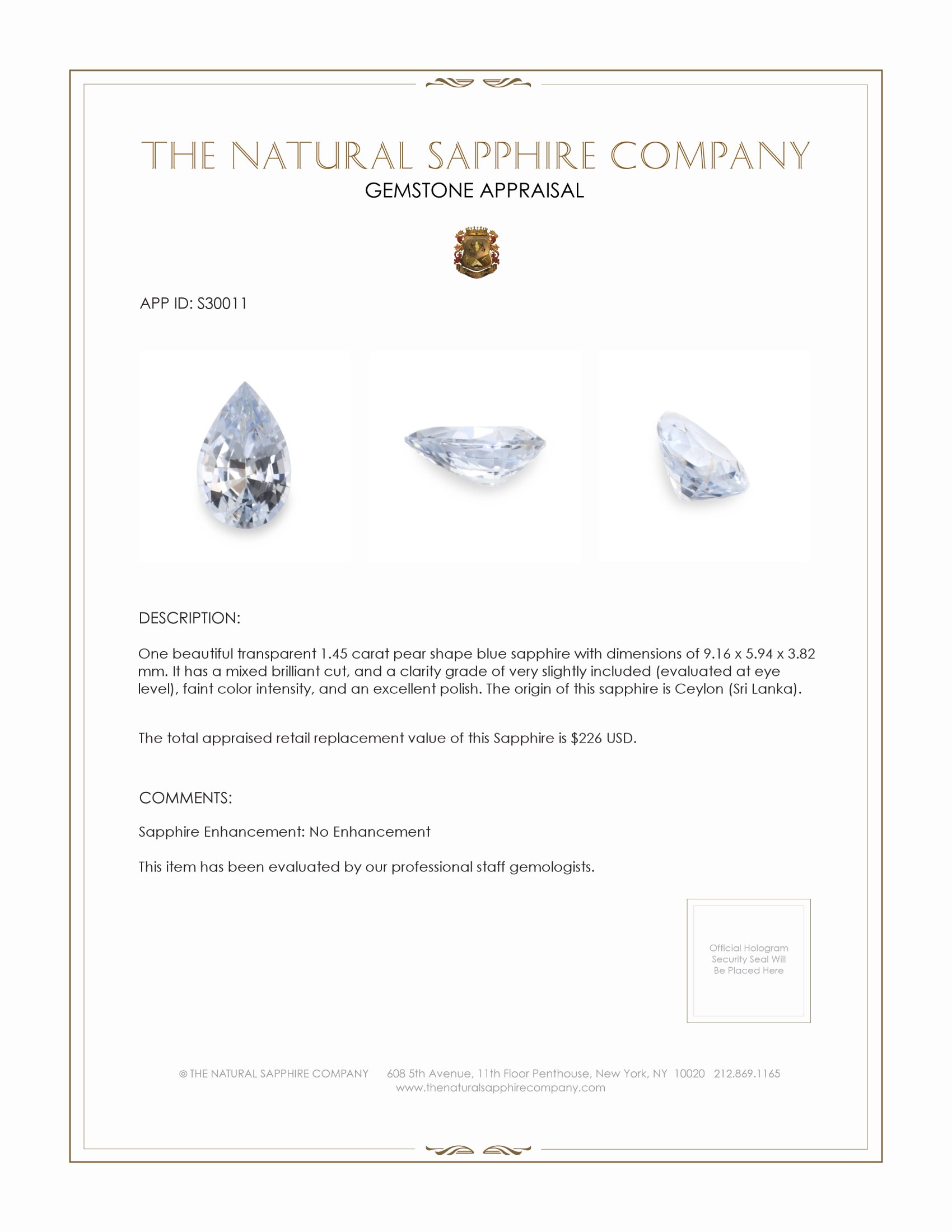 1.45 Ct. Blue Sapphire from Ceylon (Sri Lanka)