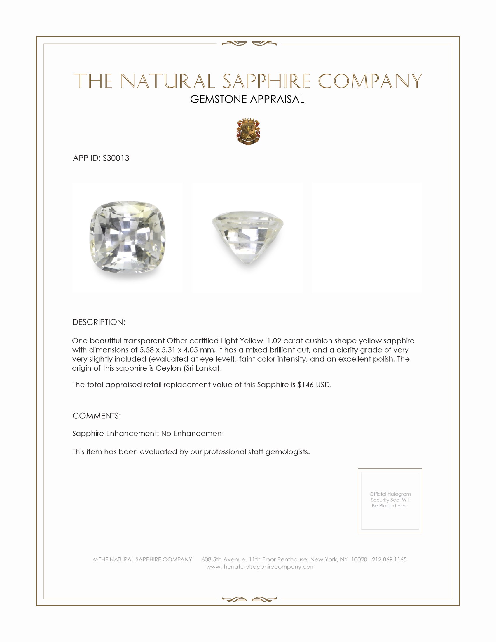 1.02 Ct. Yellow Sapphire from Ceylon (Sri Lanka)