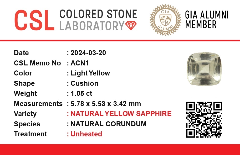 1.02 Ct. Yellow Sapphire from Ceylon (Sri Lanka)