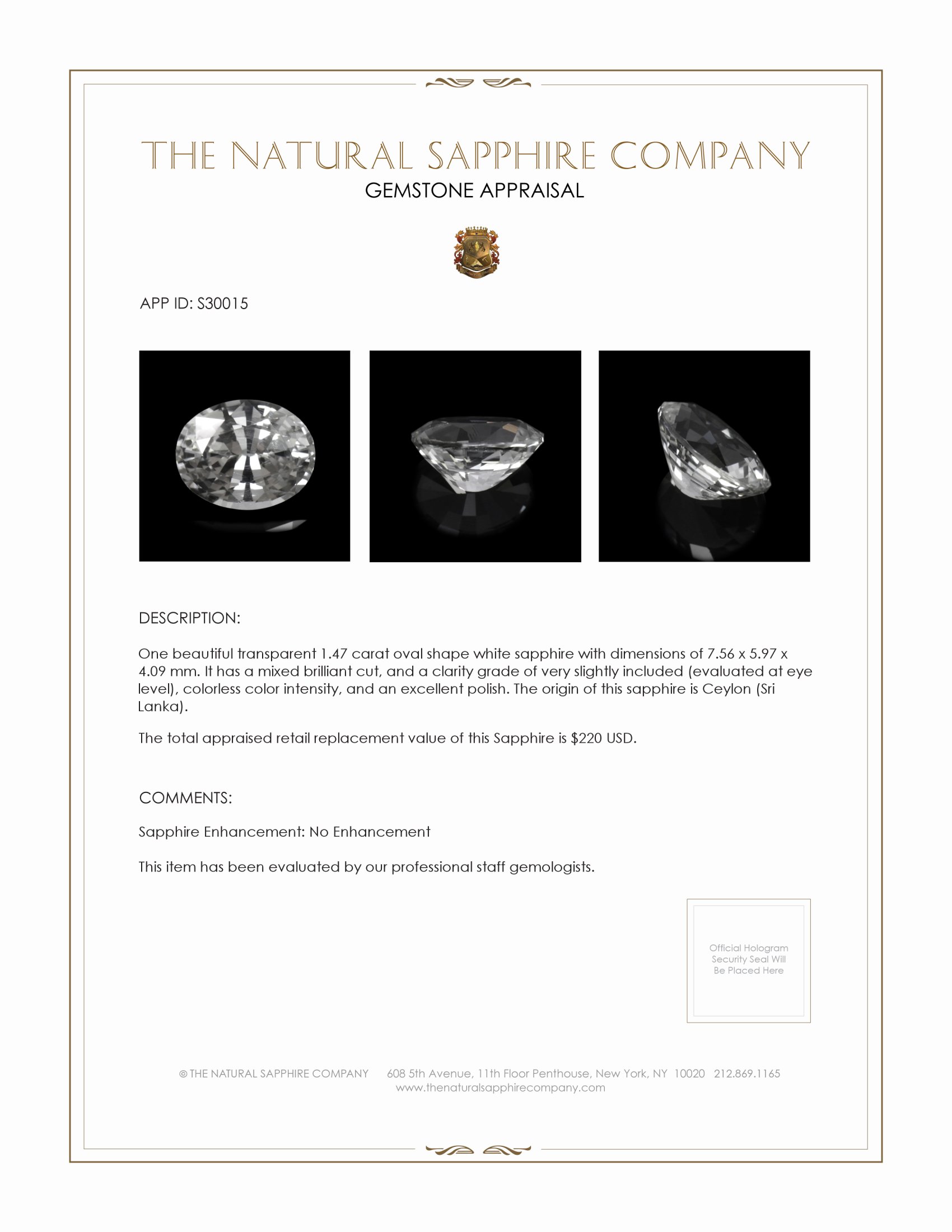 1.47 Ct. White Sapphire from Ceylon (Sri Lanka)