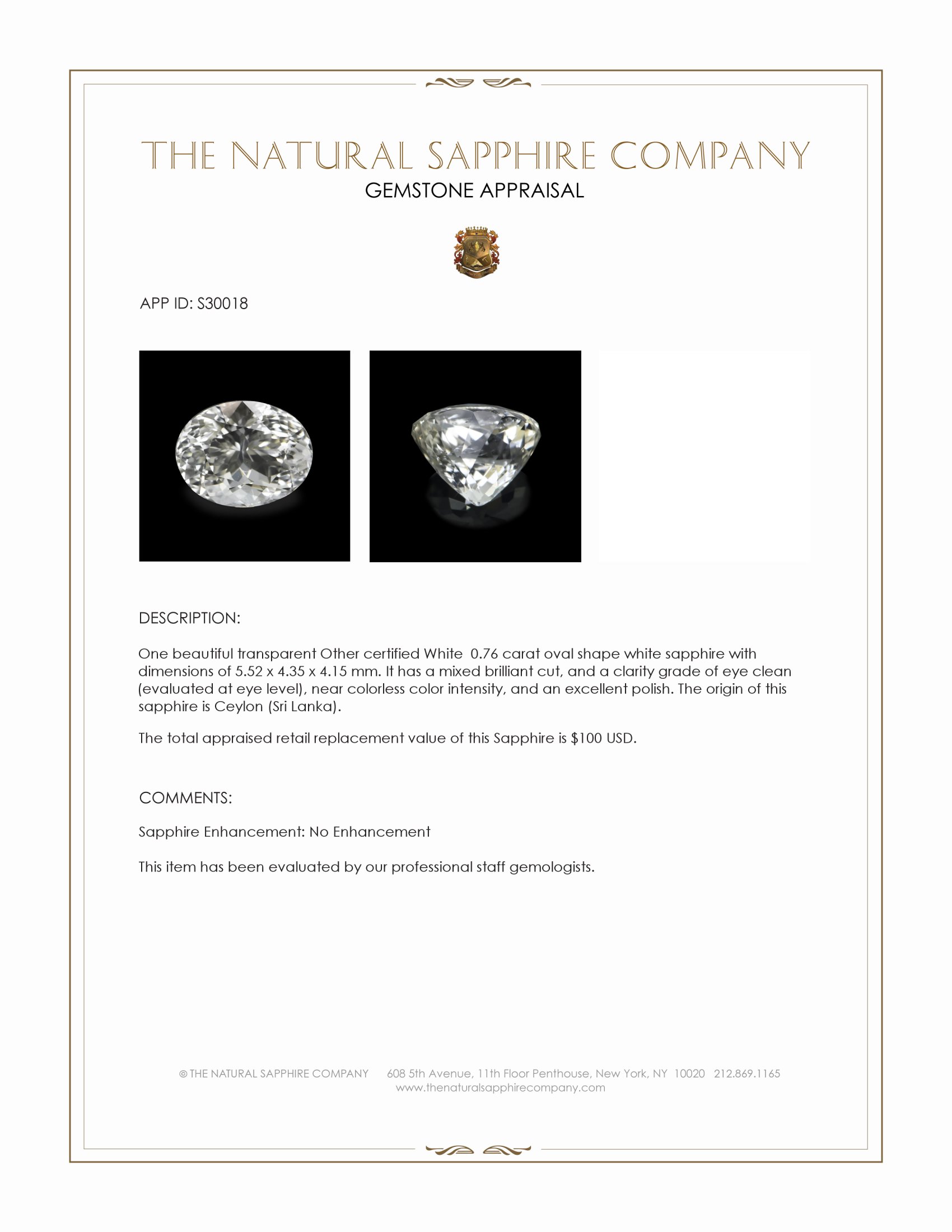 0.76 Ct. White Sapphire from Ceylon (Sri Lanka)