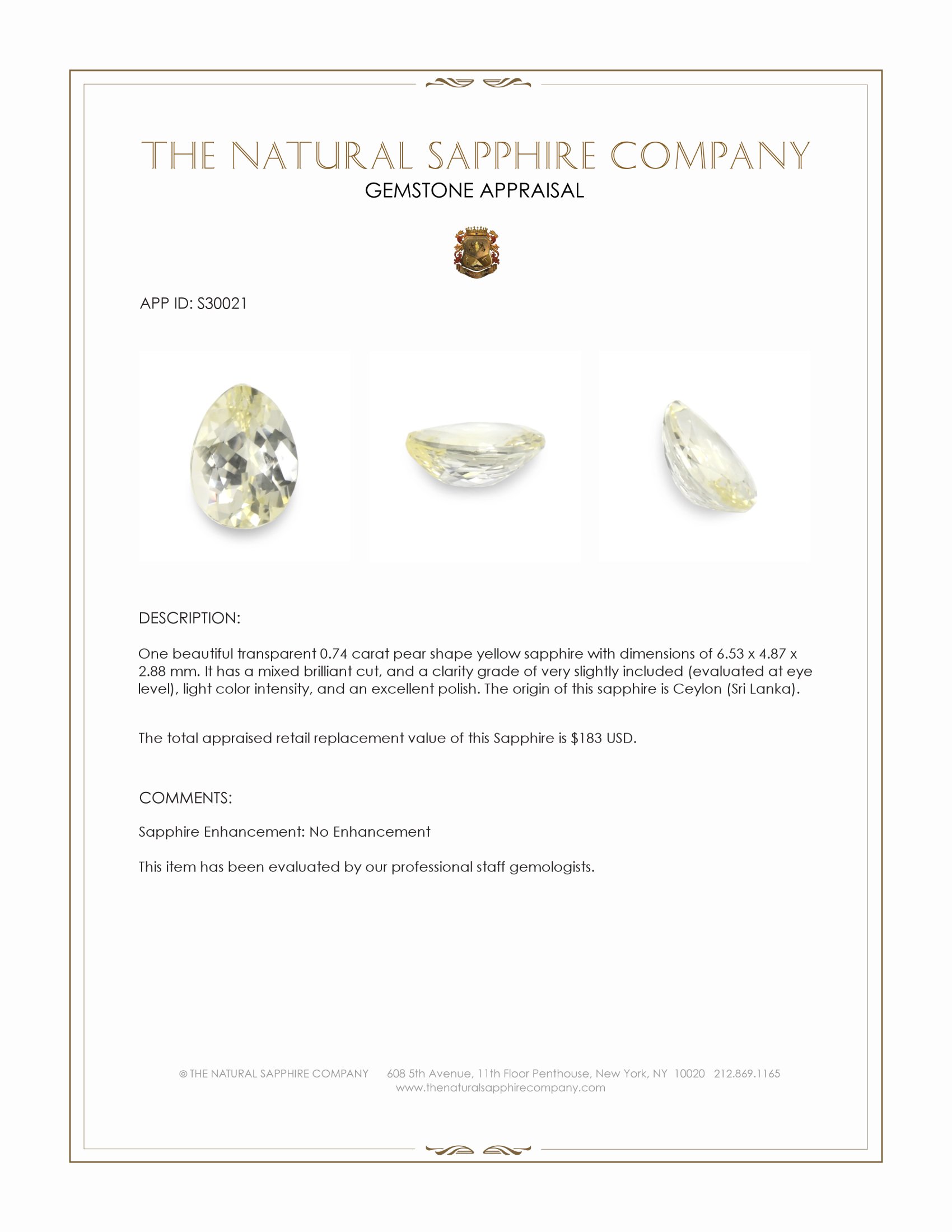 0.74 Ct. Yellow Sapphire from Ceylon (Sri Lanka)
