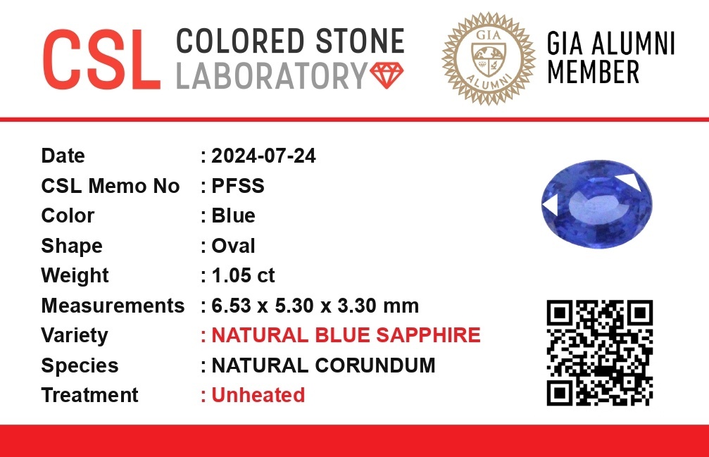1.04 Ct. Blue Sapphire from Ceylon (Sri Lanka)