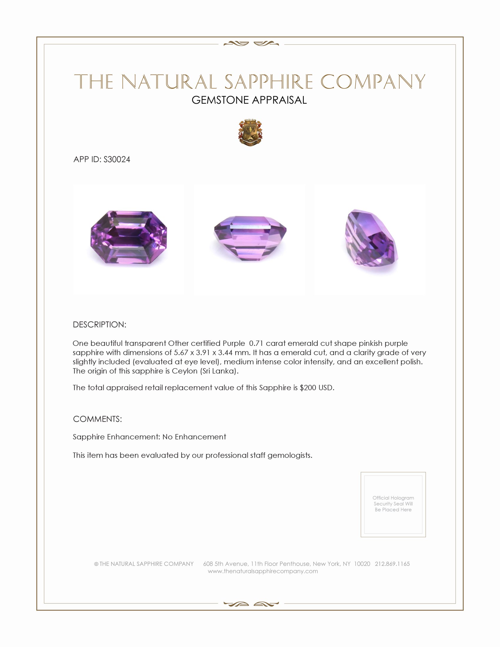 0.71 Ct. Pinkish Purple Sapphire from Ceylon (Sri Lanka)