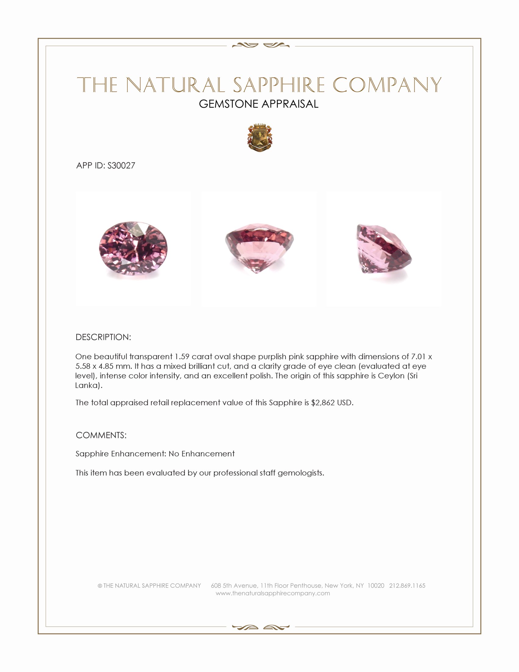1.59 Ct. Purplish Pink Sapphire from Ceylon (Sri Lanka)