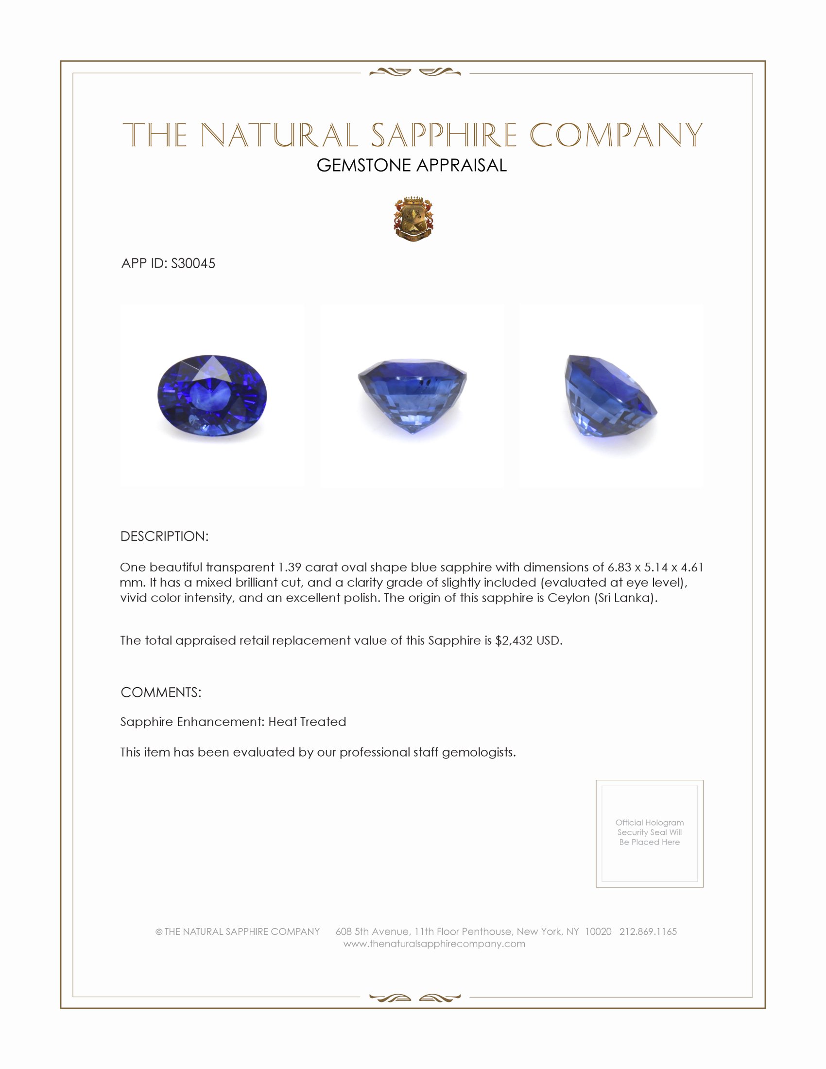 1.39 Ct. Blue Sapphire from Ceylon (Sri Lanka)