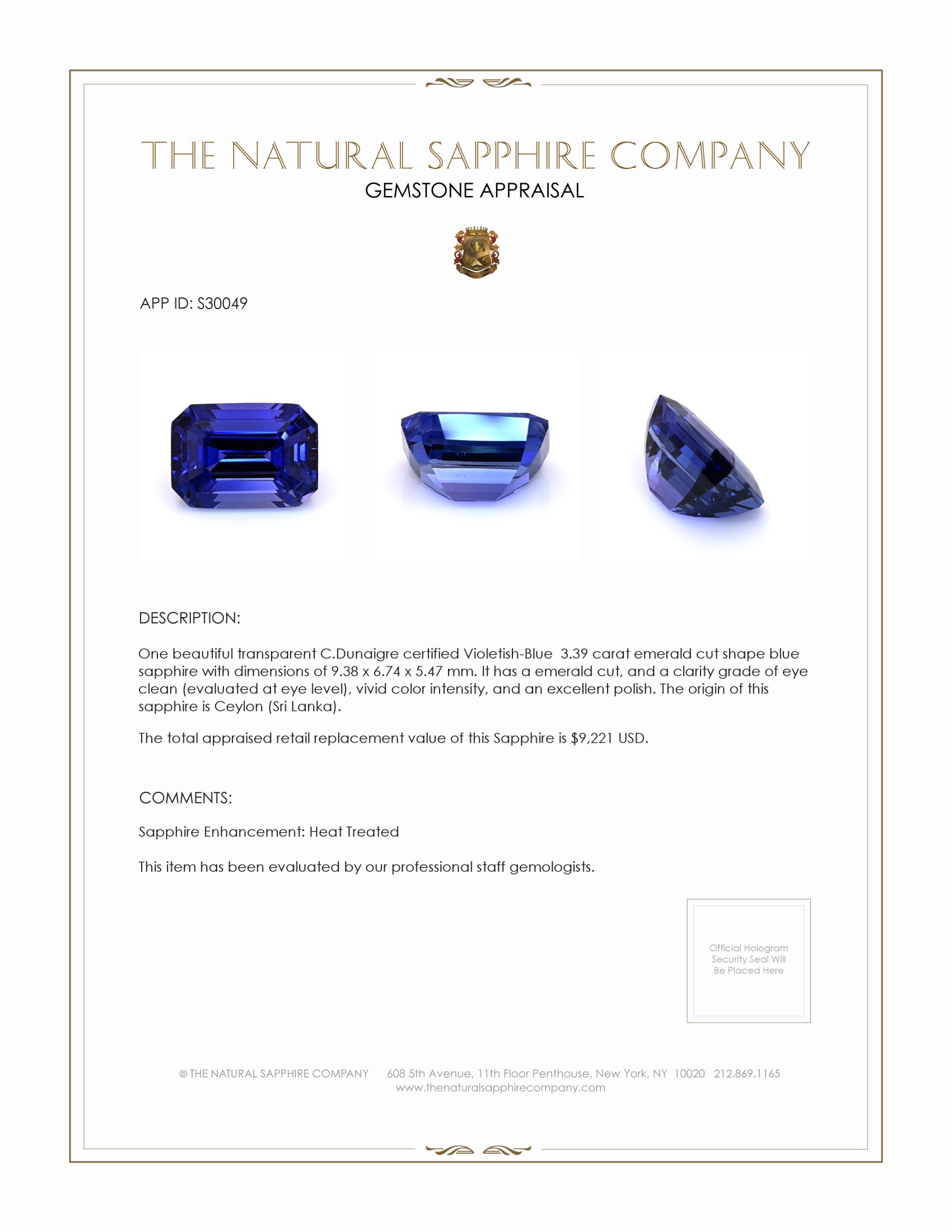 3.39 Ct. Blue Sapphire from Ceylon (Sri Lanka)