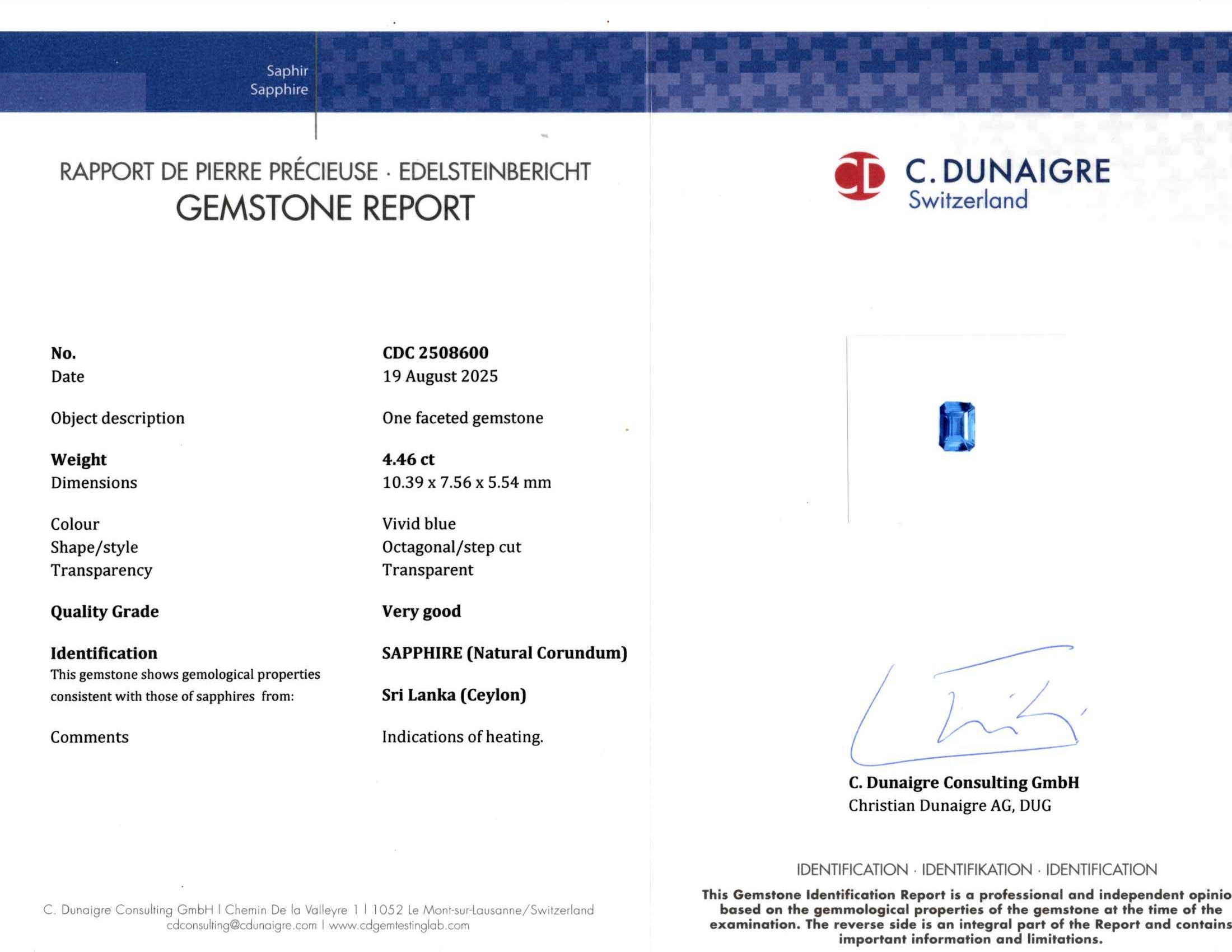 4.46 Ct. Blue Sapphire from Ceylon (Sri Lanka)