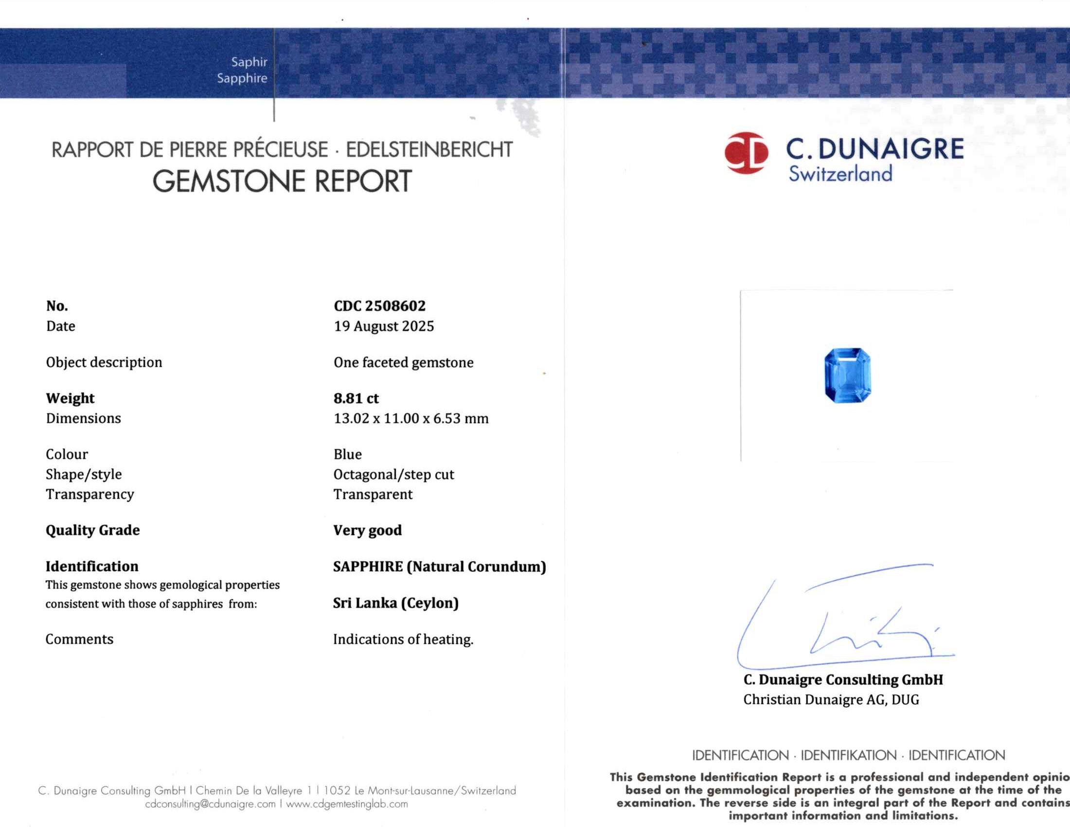 8.81 Ct. Blue Sapphire from Ceylon (Sri Lanka)