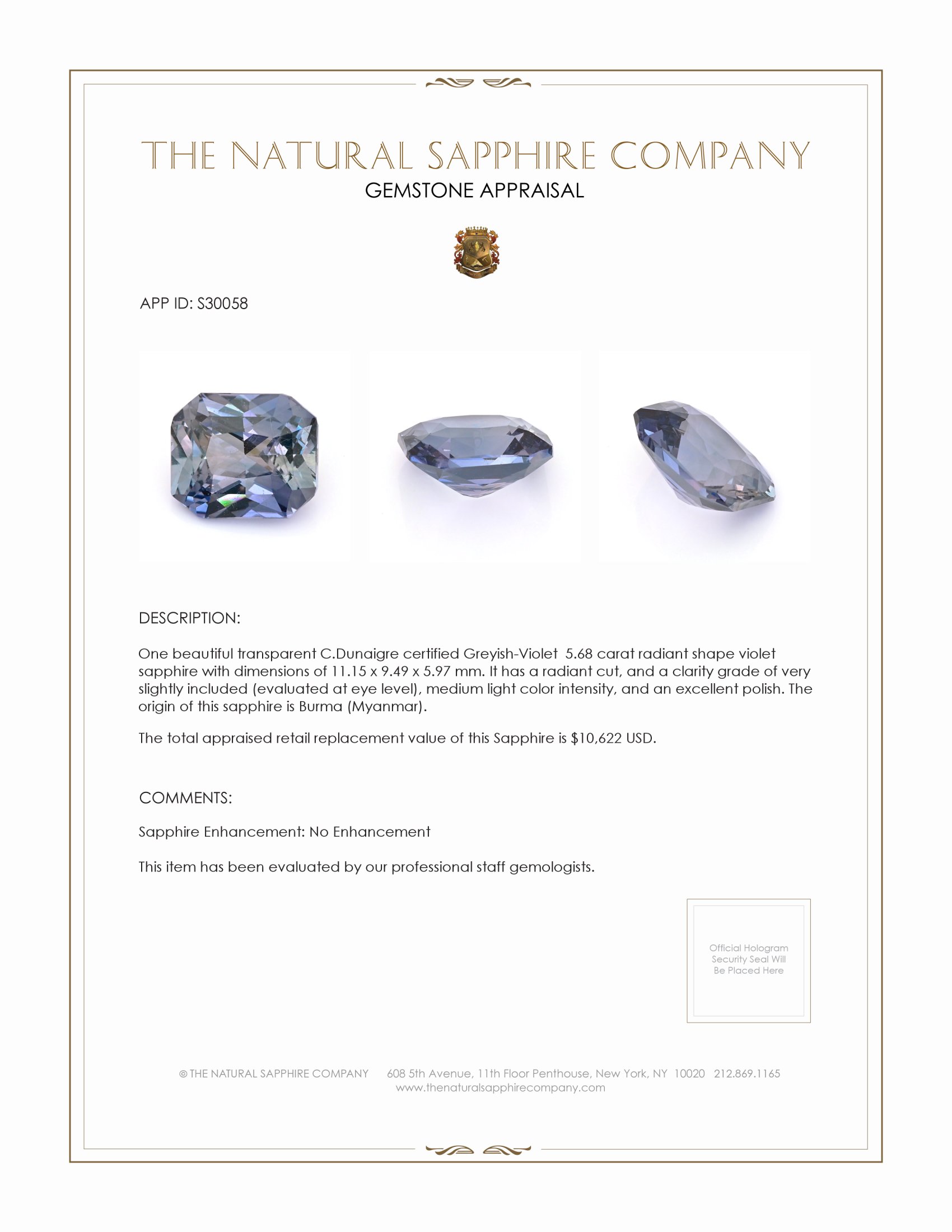 5.68 Ct. Violet Sapphire from Burma (Myanmar)
