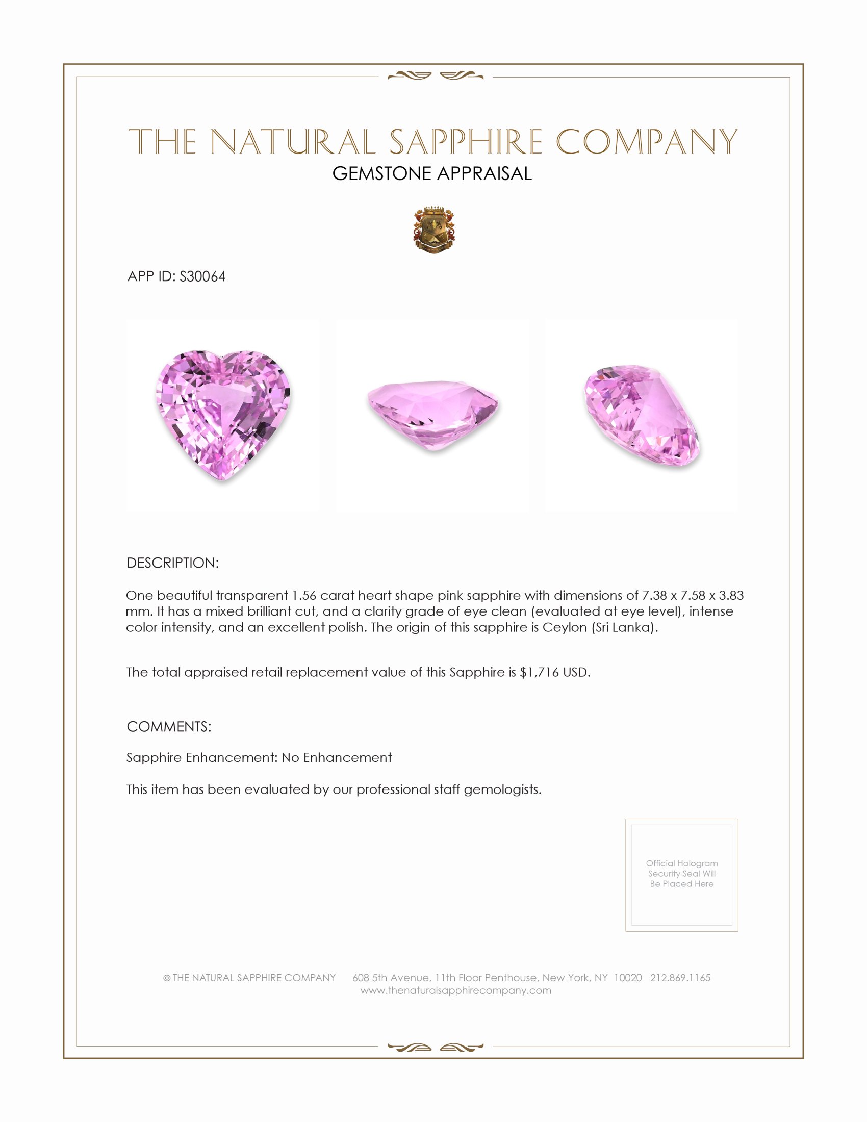 1.56 Ct. Pink Sapphire from Ceylon (Sri Lanka)