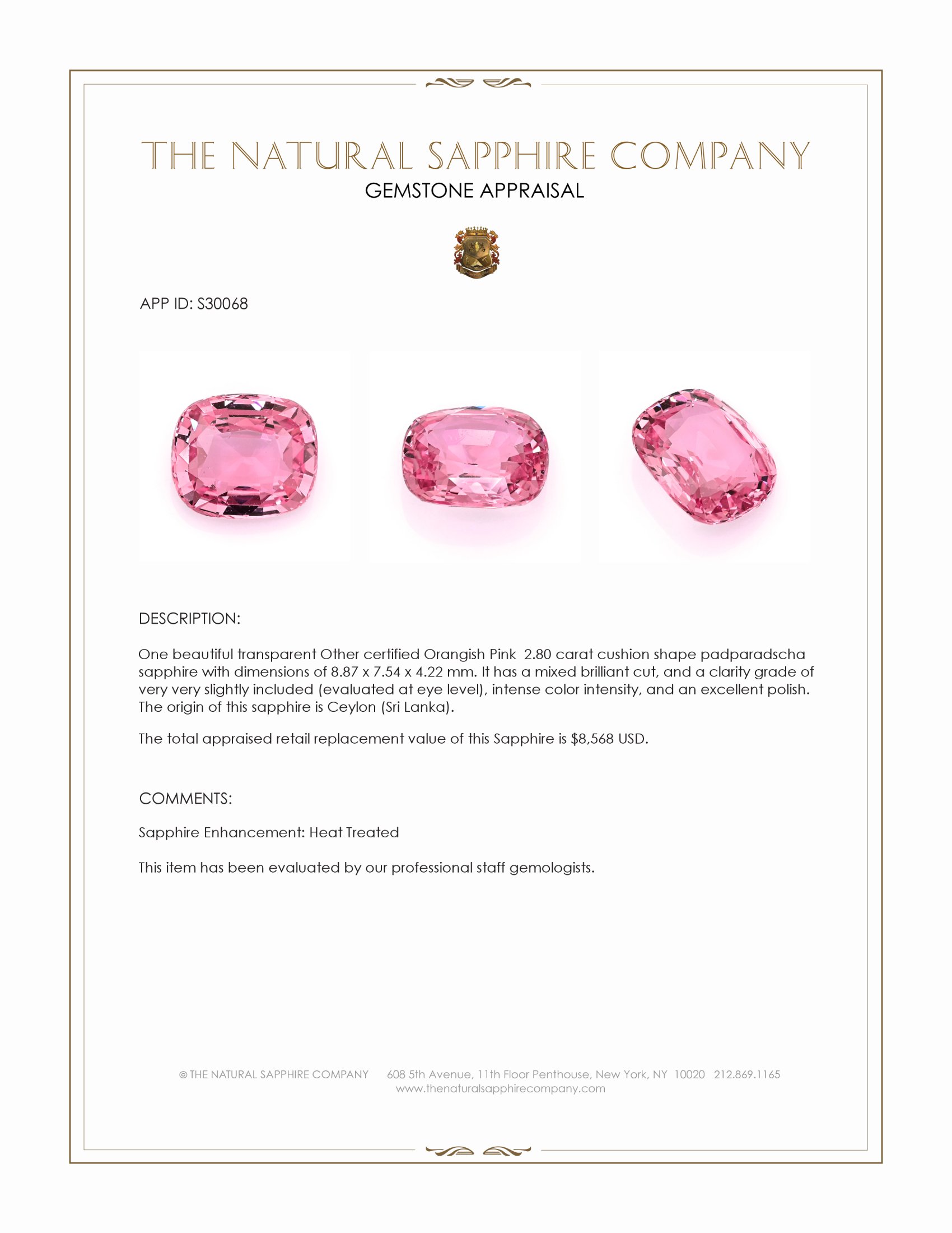 2.80 Ct. Padparadscha Sapphire from Ceylon (Sri Lanka)