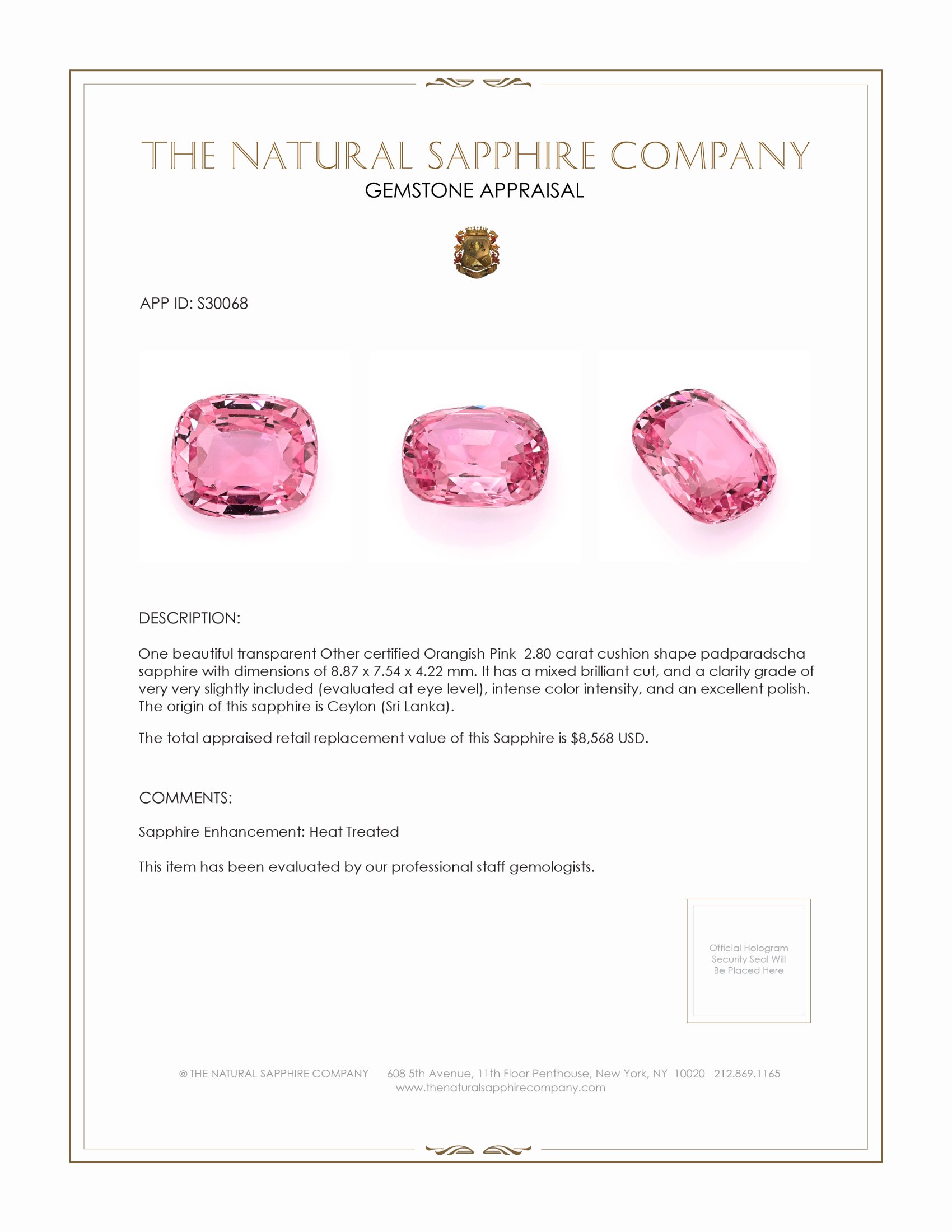 2.80 Ct. Padparadscha Sapphire from Ceylon (Sri Lanka)