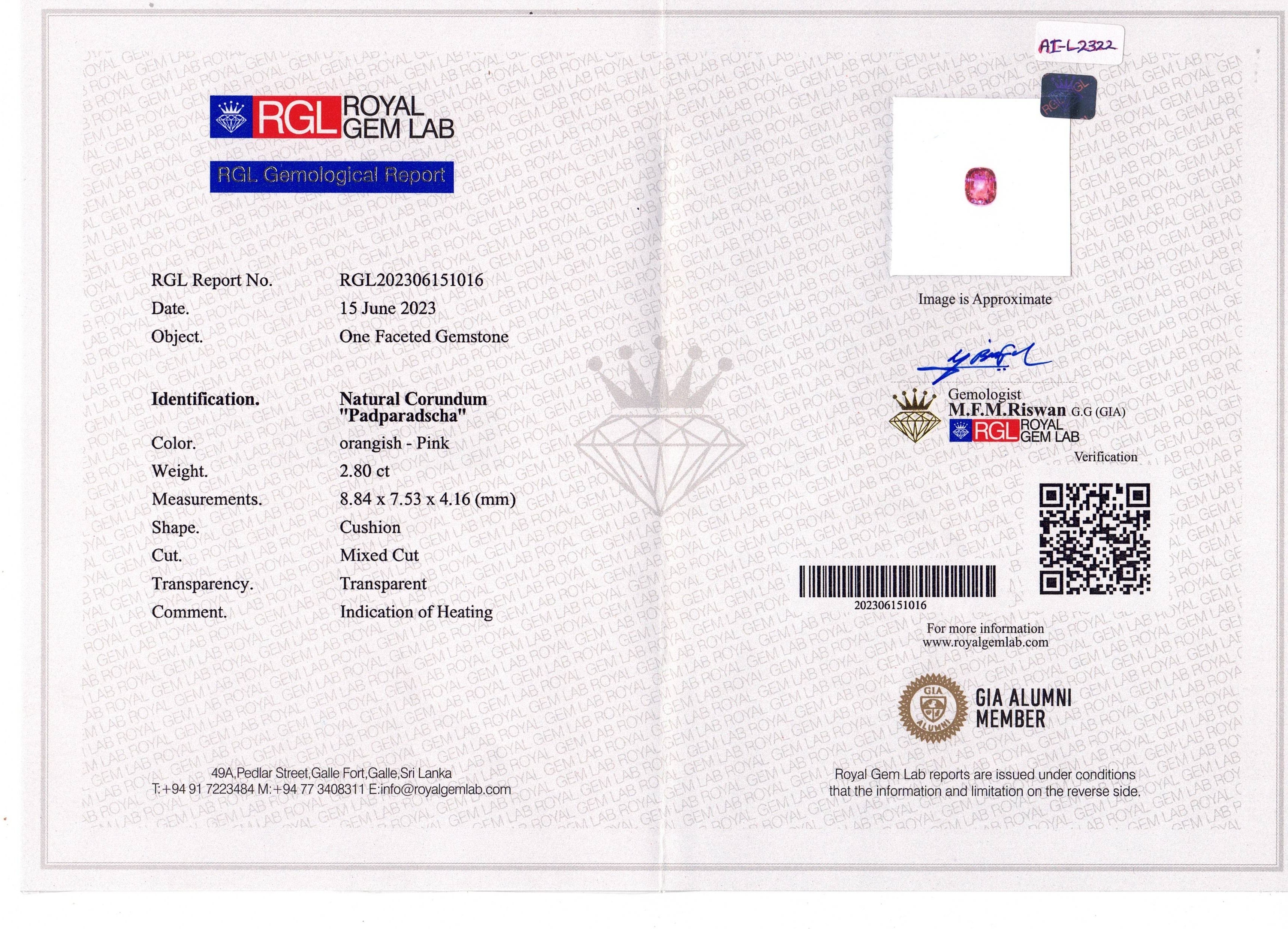 2.80 Ct. Padparadscha Sapphire from Ceylon (Sri Lanka)