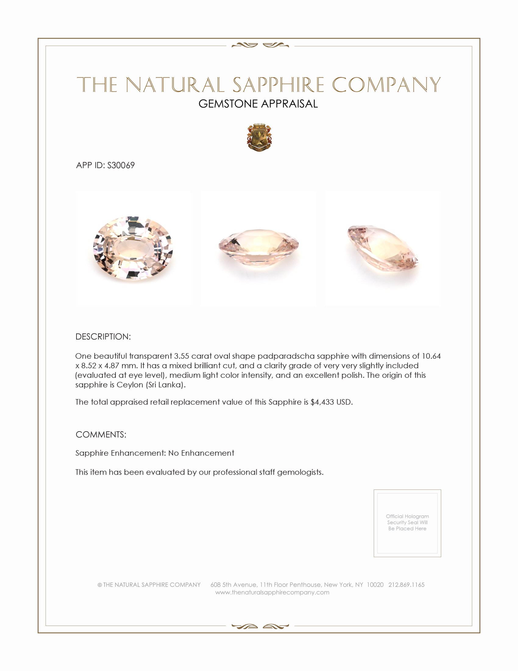 3.55 Ct. Padparadscha Sapphire from Ceylon (Sri Lanka)