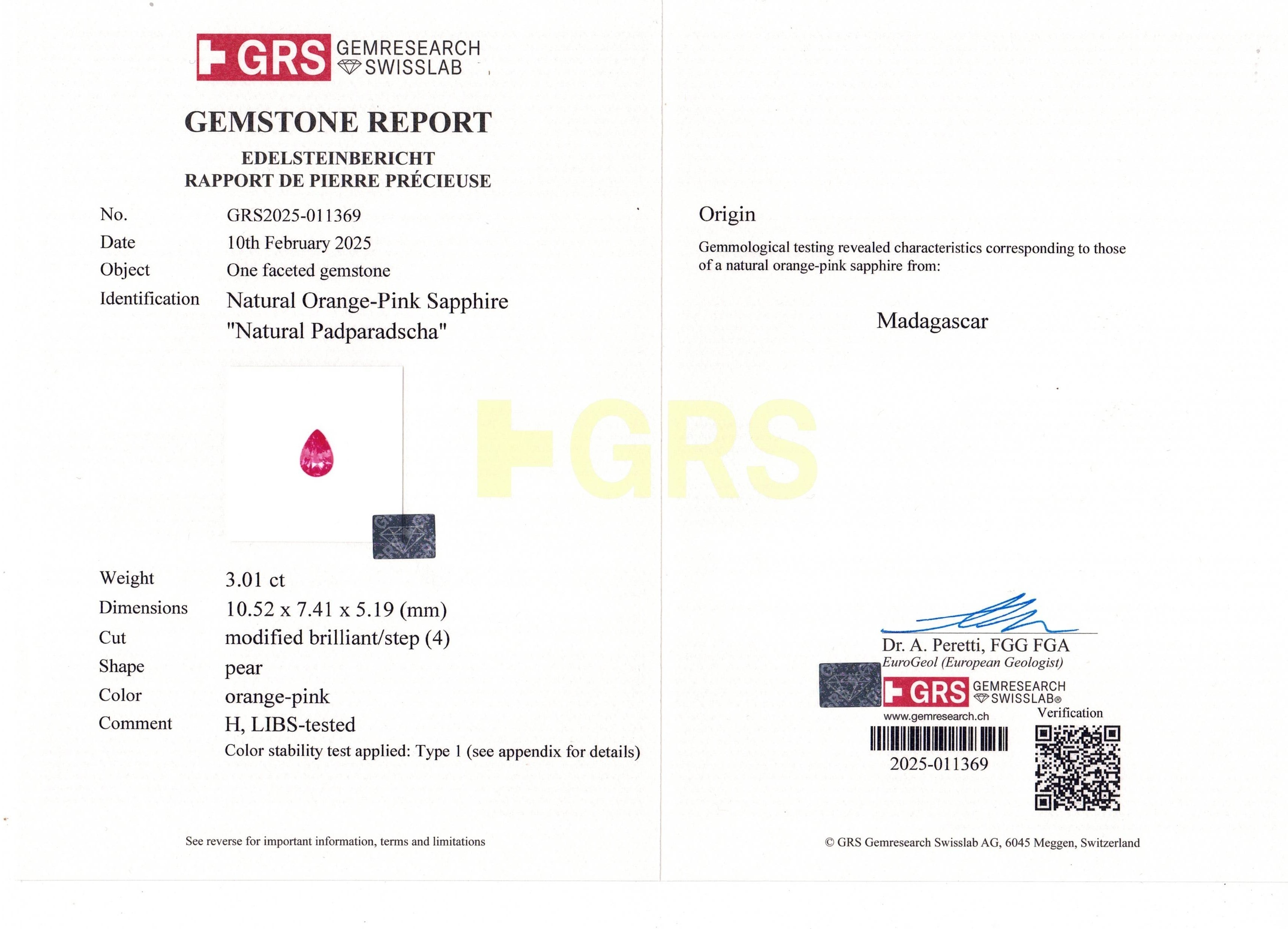 3.01 Ct. Padparadscha Sapphire from Madagascar