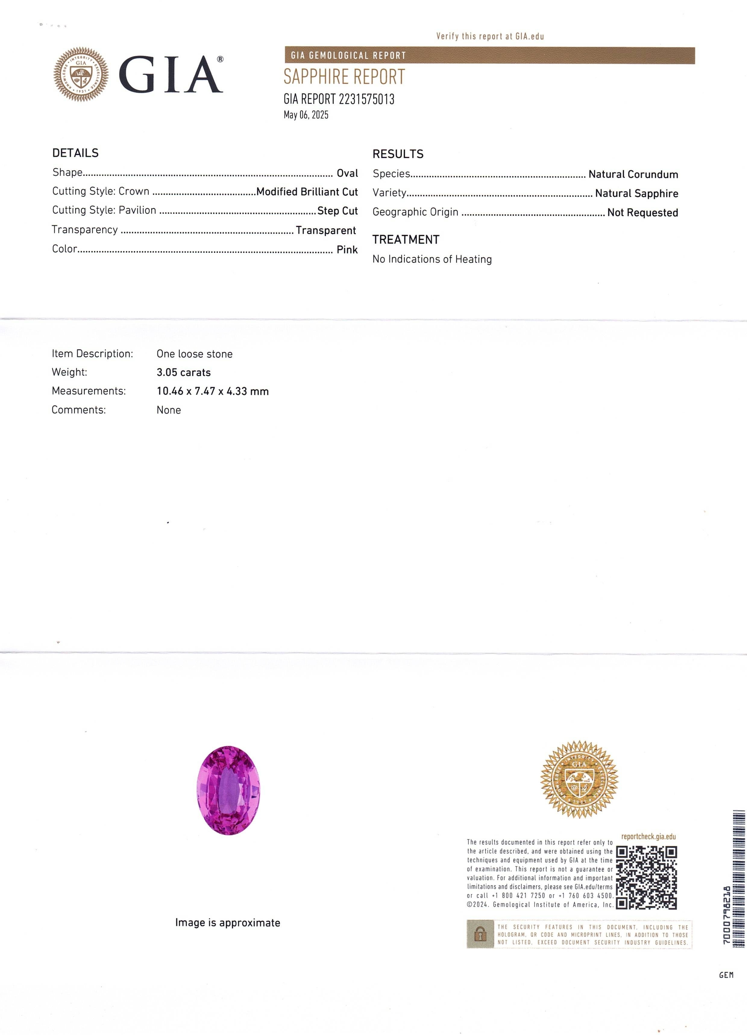 3.05 Ct. Pink Sapphire from Ceylon (Sri Lanka)