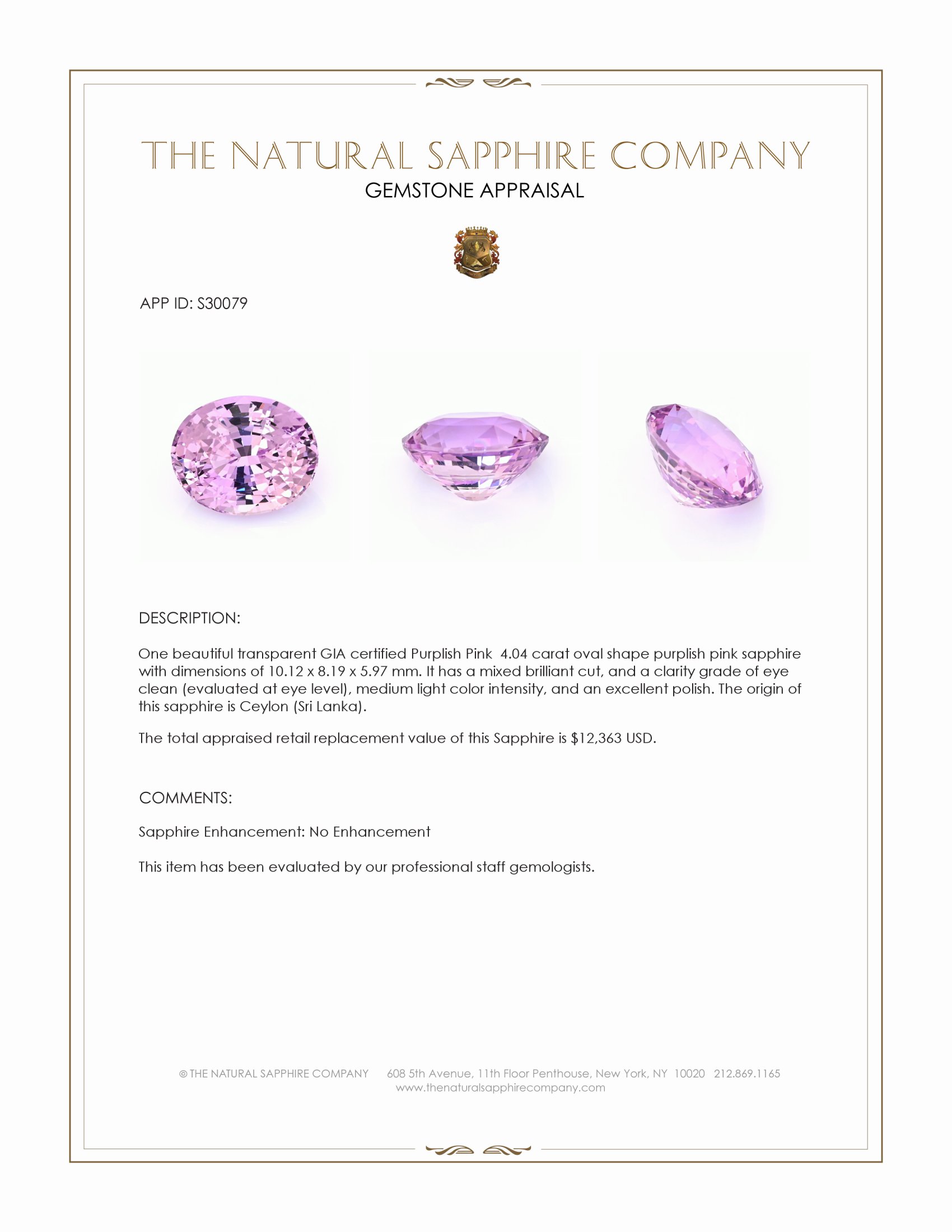 4.04 Ct. Purplish Pink Sapphire from Ceylon (Sri Lanka)