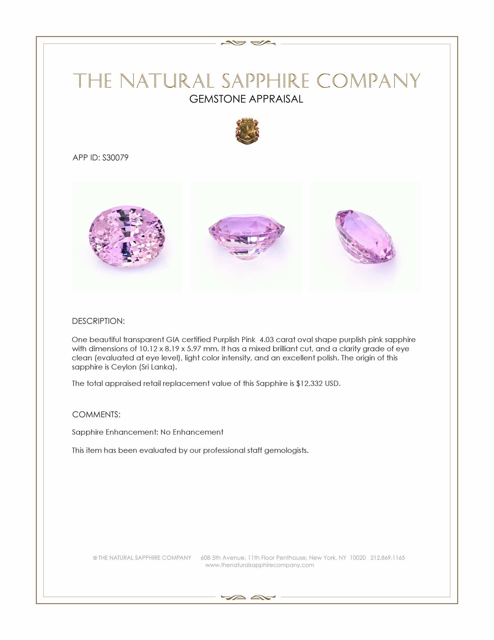 4.03 Ct. Purplish Pink Sapphire from Ceylon (Sri Lanka)